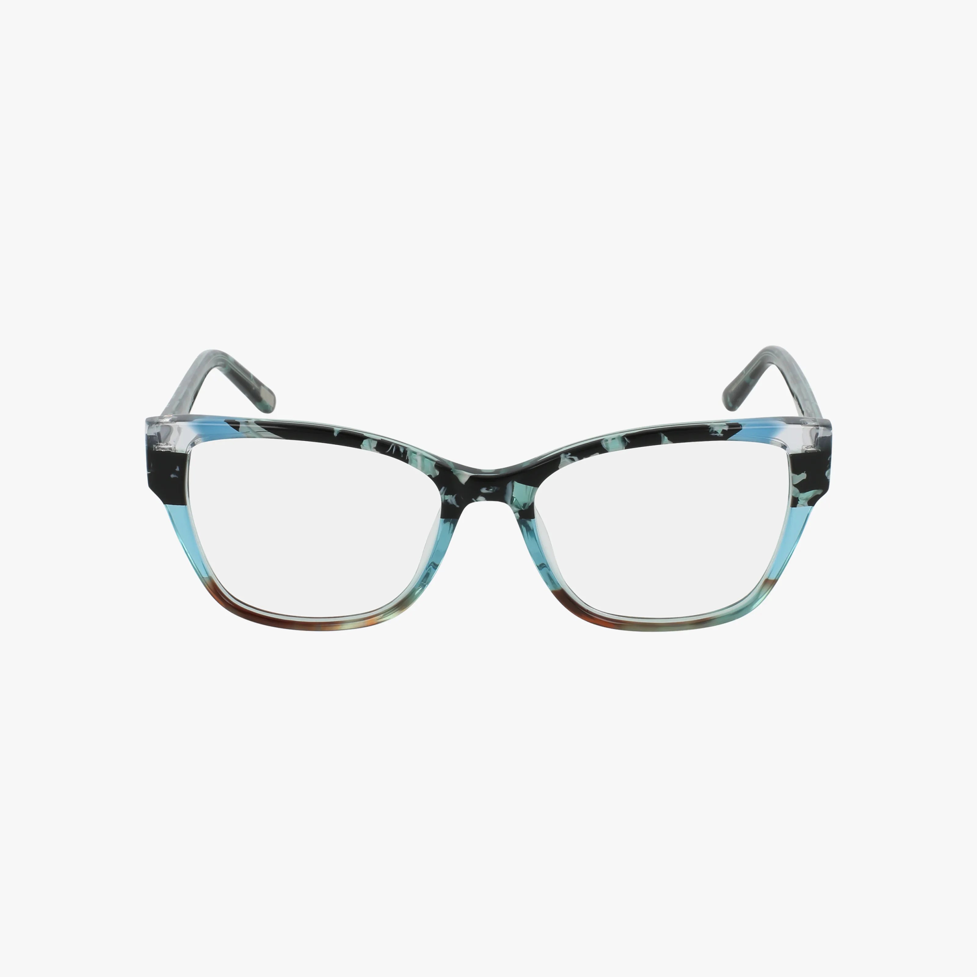 The XOXO IRVINE eyeglasses feature a rectangular shape with prescription lenses and multicolored frames in turquoise, blue, brown, and black for modern durability, shown on a plain white background.