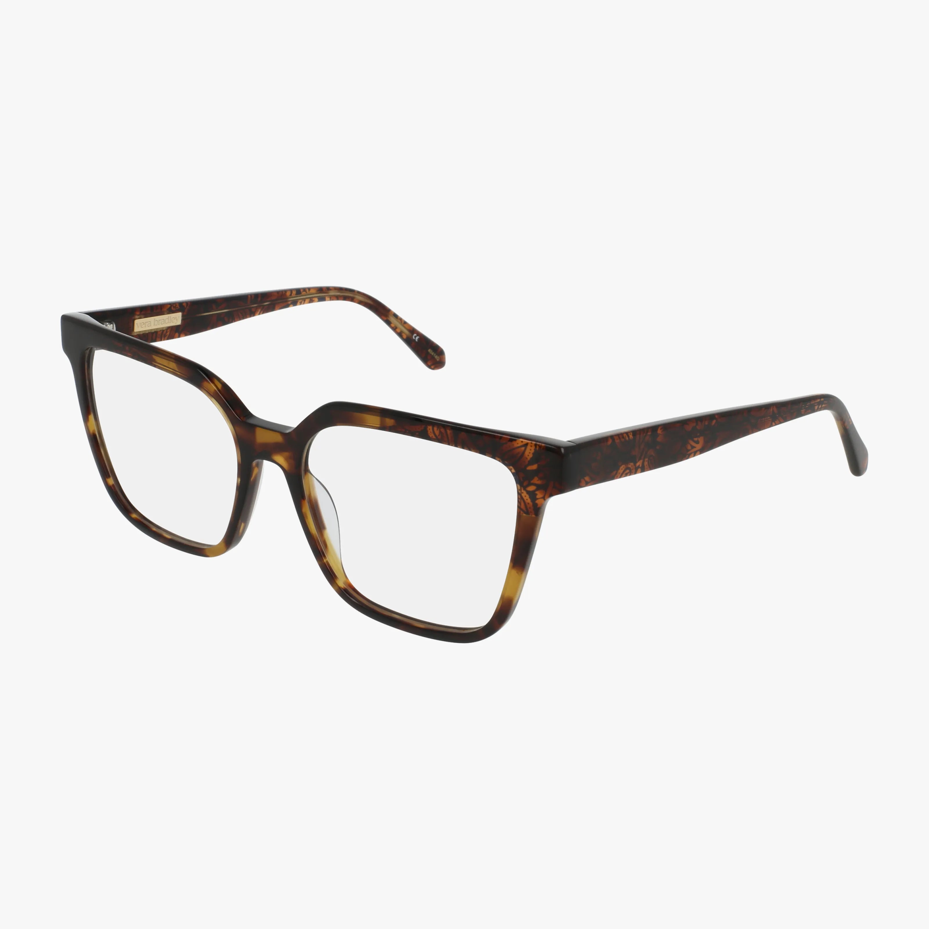 The Vera Bradley CASHIE features a pair of brown tortoiseshell square eyeglasses with clear lenses and a luxurious frame, known for quality craftsmanship, displayed on a white background.