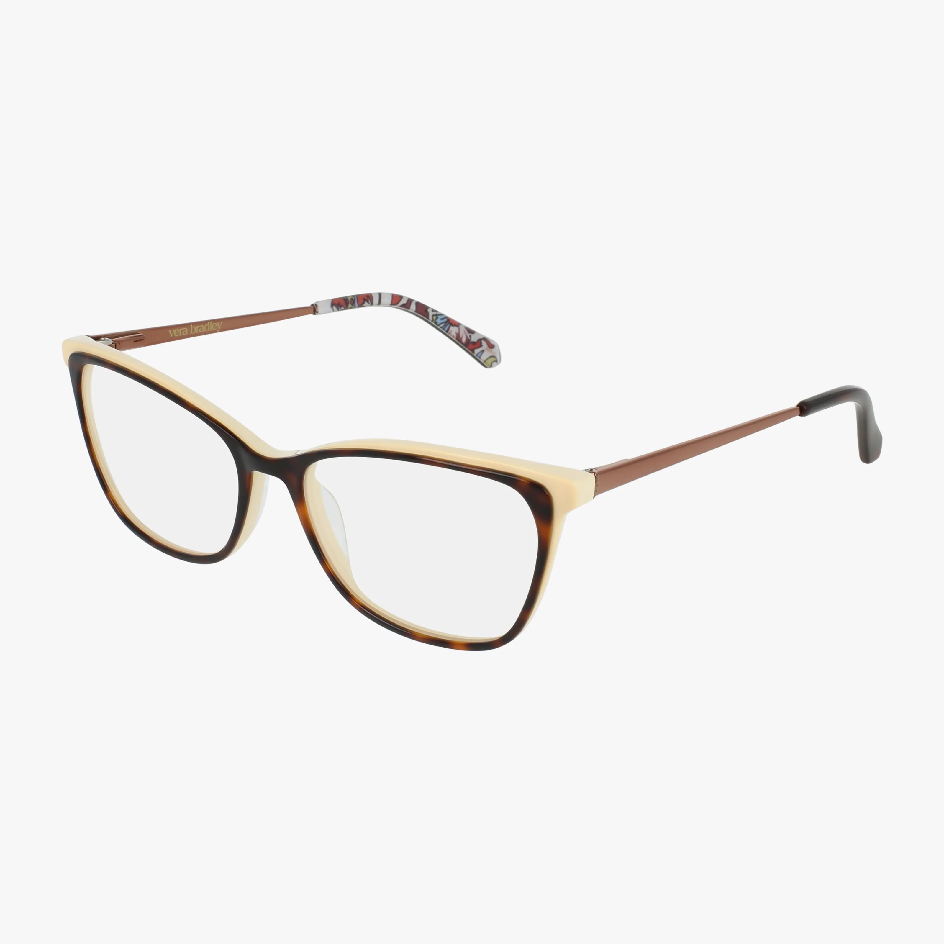 The Vera Bradley FALLS eyeglass frames feature a cat-eye tortoiseshell design, slim brown metal arms, and patterned inner arm tips, displayed on a white background.