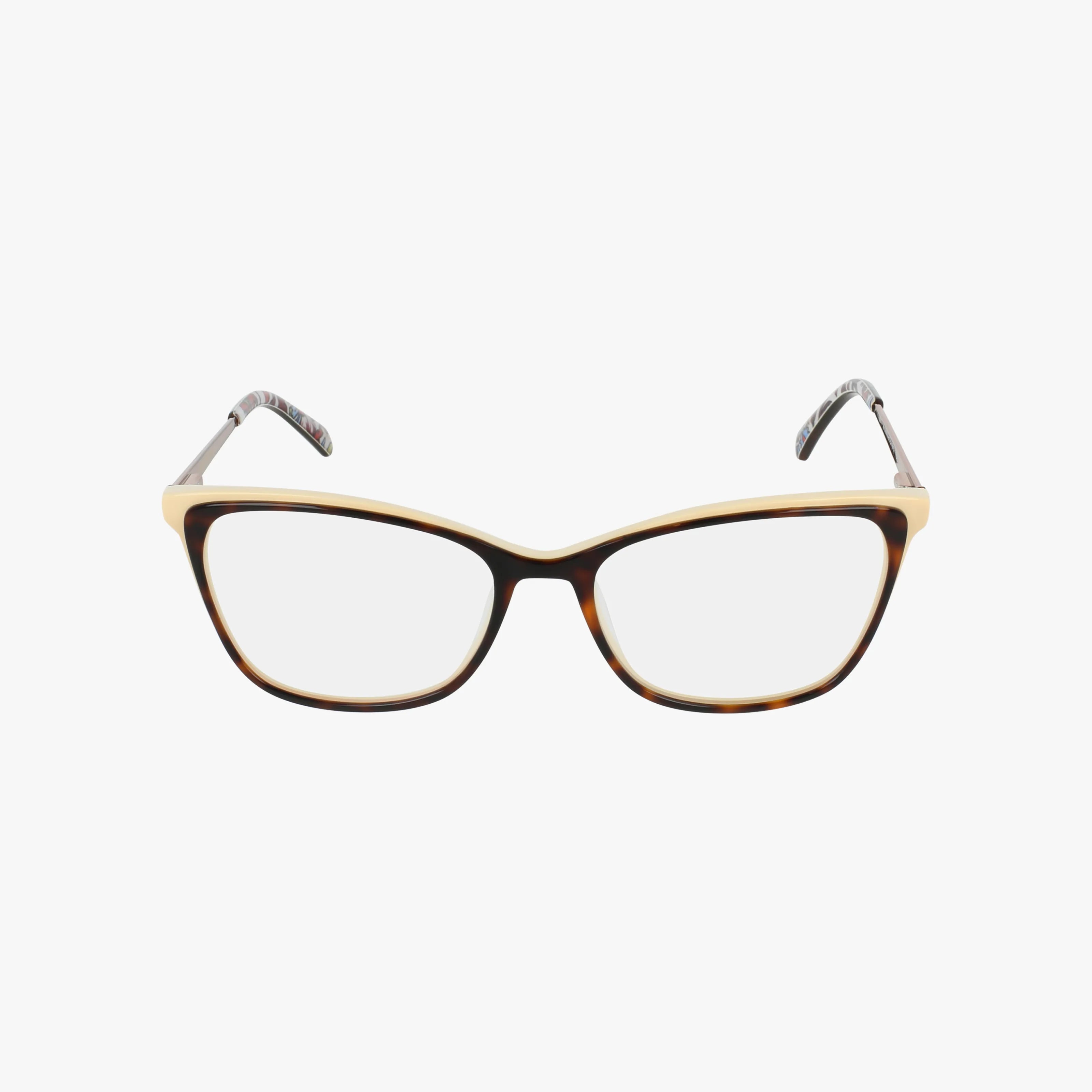 The Vera Bradley FALLS cat-eye eyeglasses feature brown tortoiseshell frames with beige top accents, blending bold style and function. Displayed on a white background, these frames can be fitted with prescription lenses.