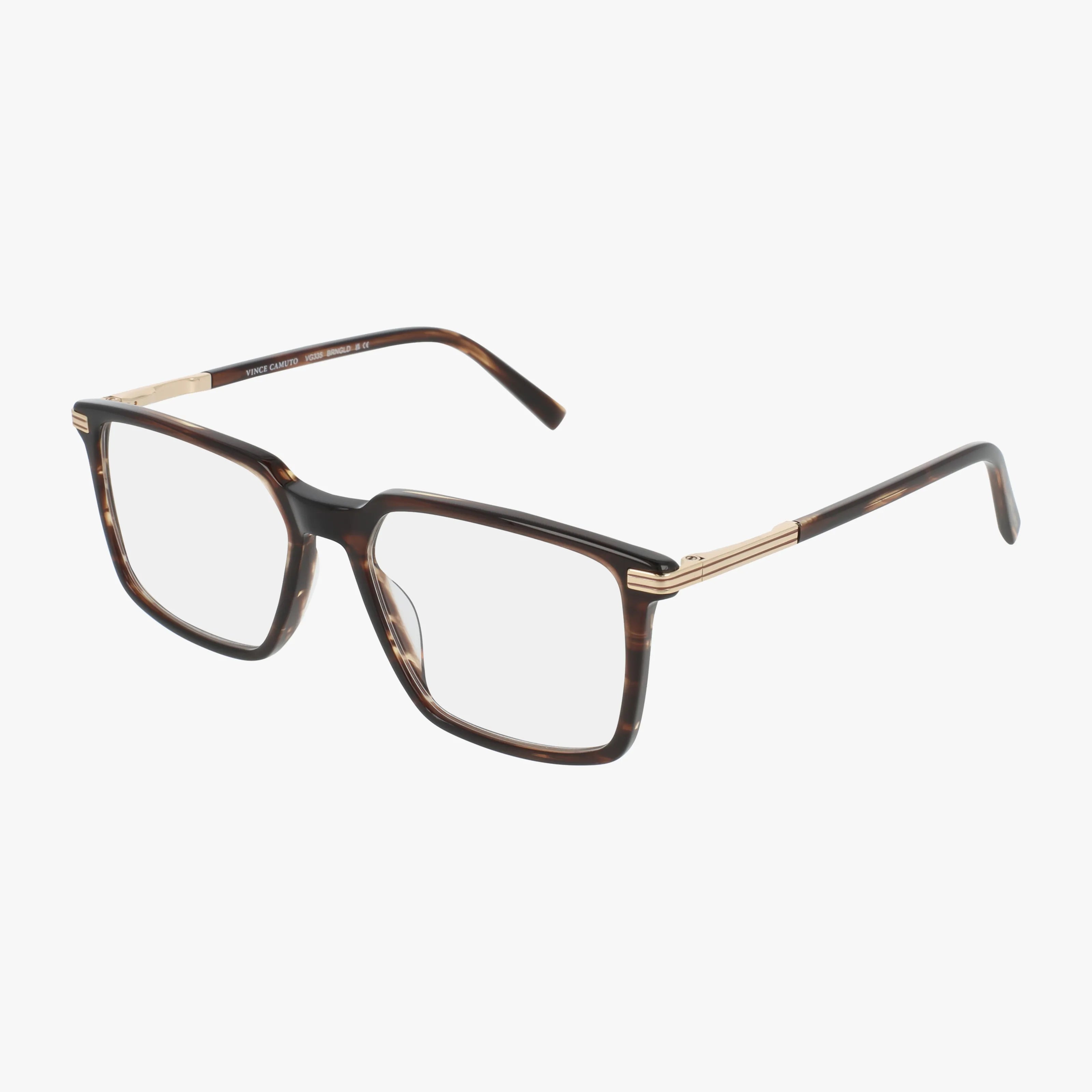 Vince Camuto VG335 rectangular eyeglasses in Brown Gold feature a refined frame and gold metal temples, designed for progressive lenses and shown on a white background.