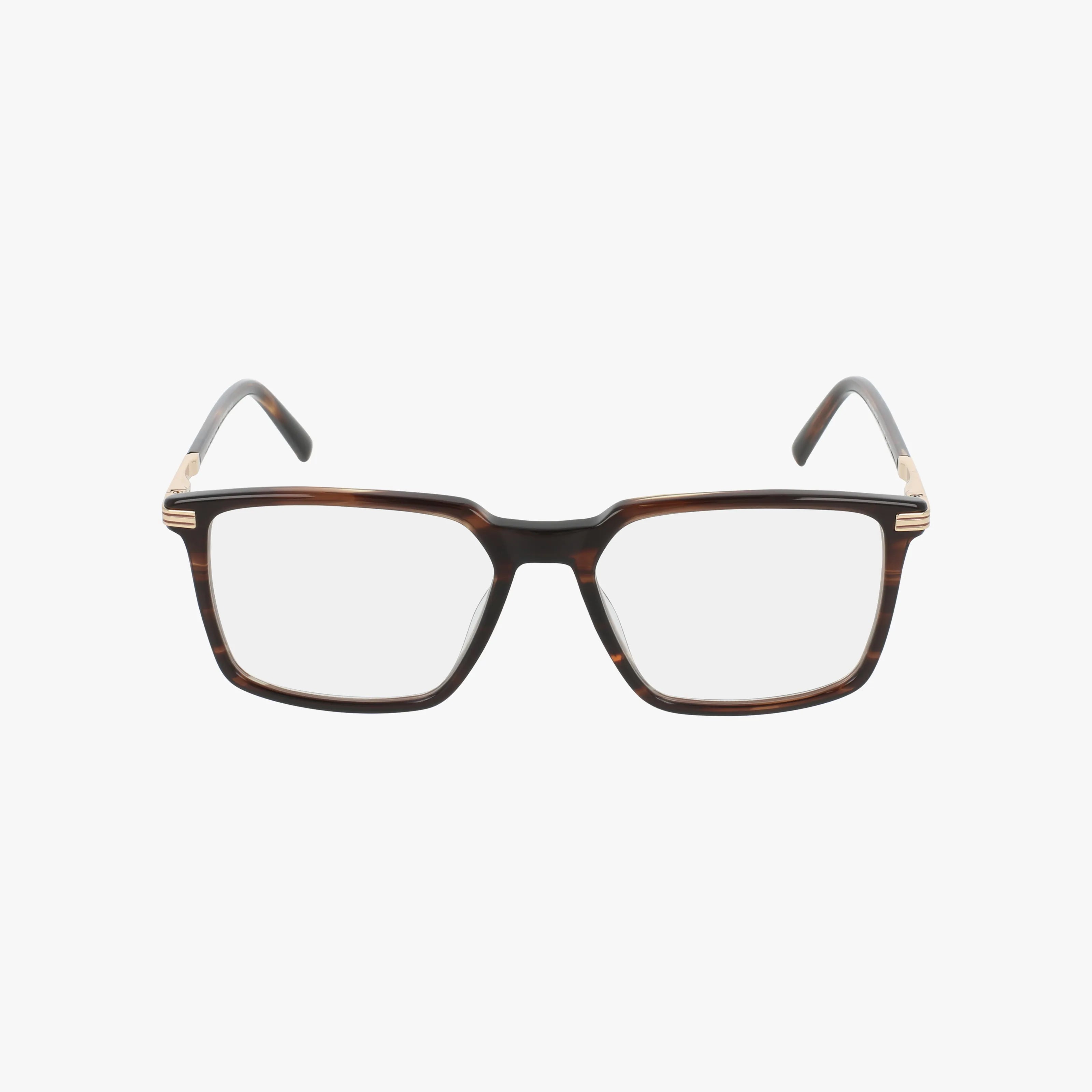 The Vince Camuto VG335 features rectangular eyeglasses with a dark brown tortoiseshell refined frame and gold hinge accents for durability, displayed on a white background.