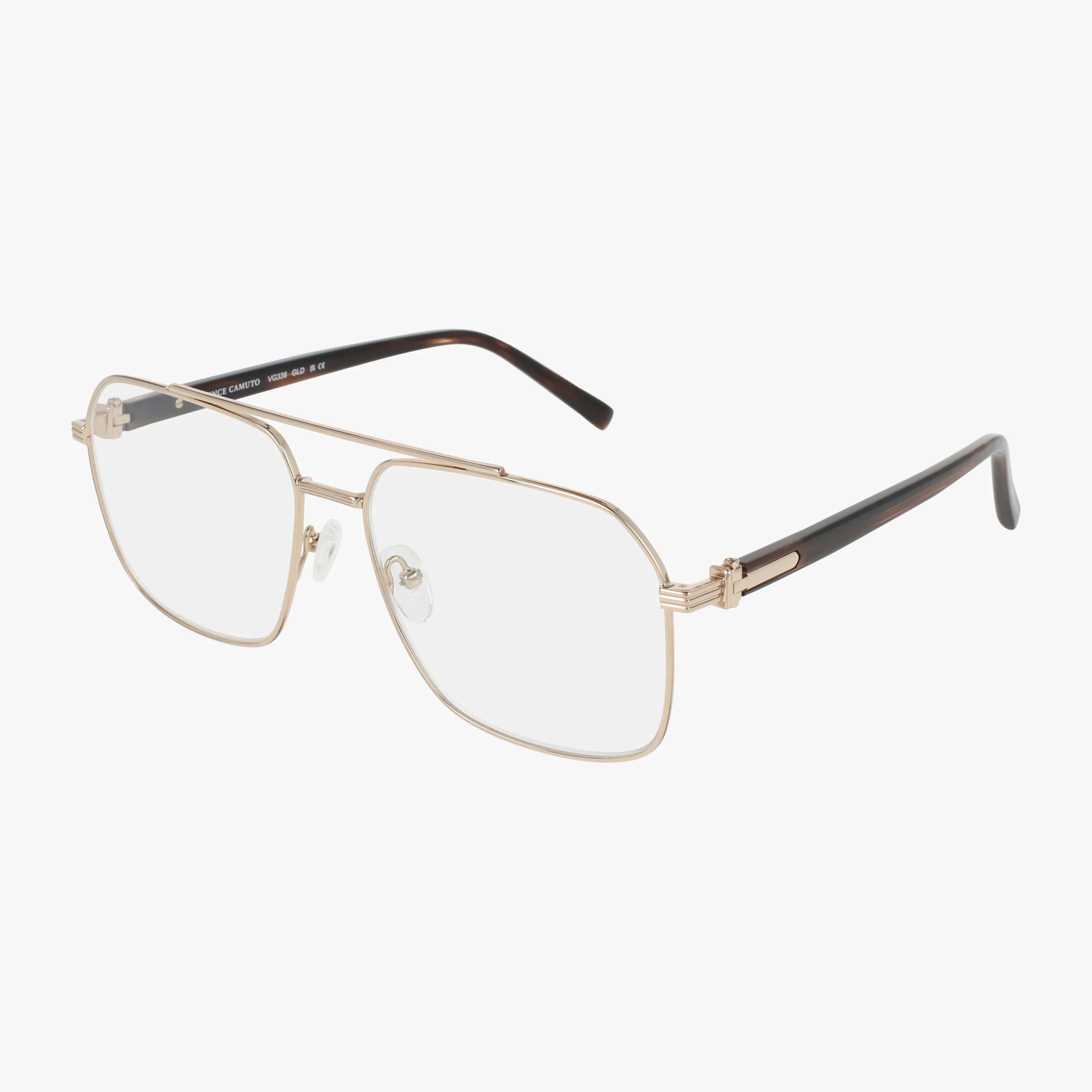 The Vince Camuto VG338 gold eyeglasses feature large rectangular Transitions lenses and black temple arms for a stylish, secure fit, shown on a white background.