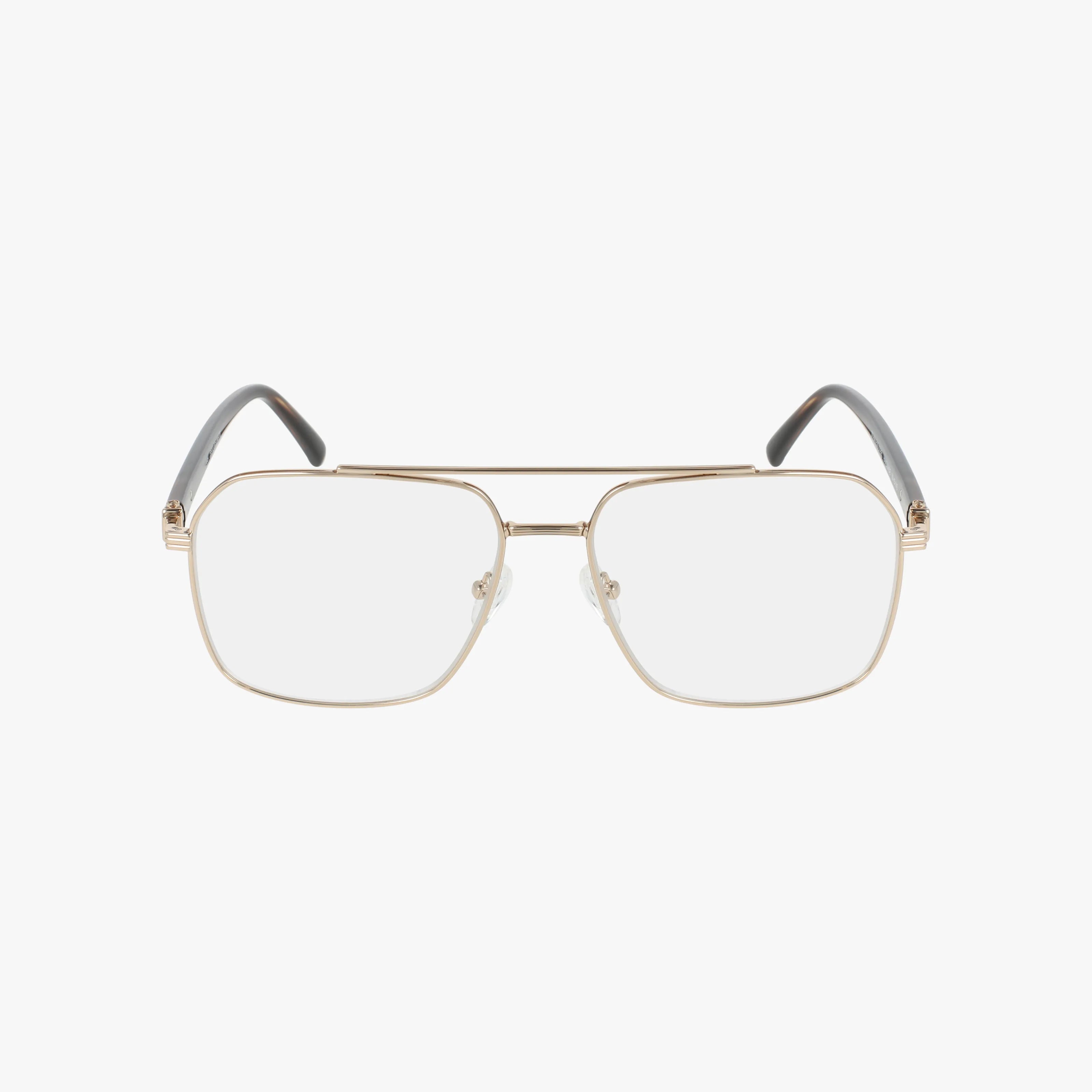 The Vince Camuto VG338 gold metal rectangular eyeglasses feature clear lenses, black temple tips, and a thin double bridge. Stylish and comfortable, they offer a secure fit for all-day wear. Shown on a white background.