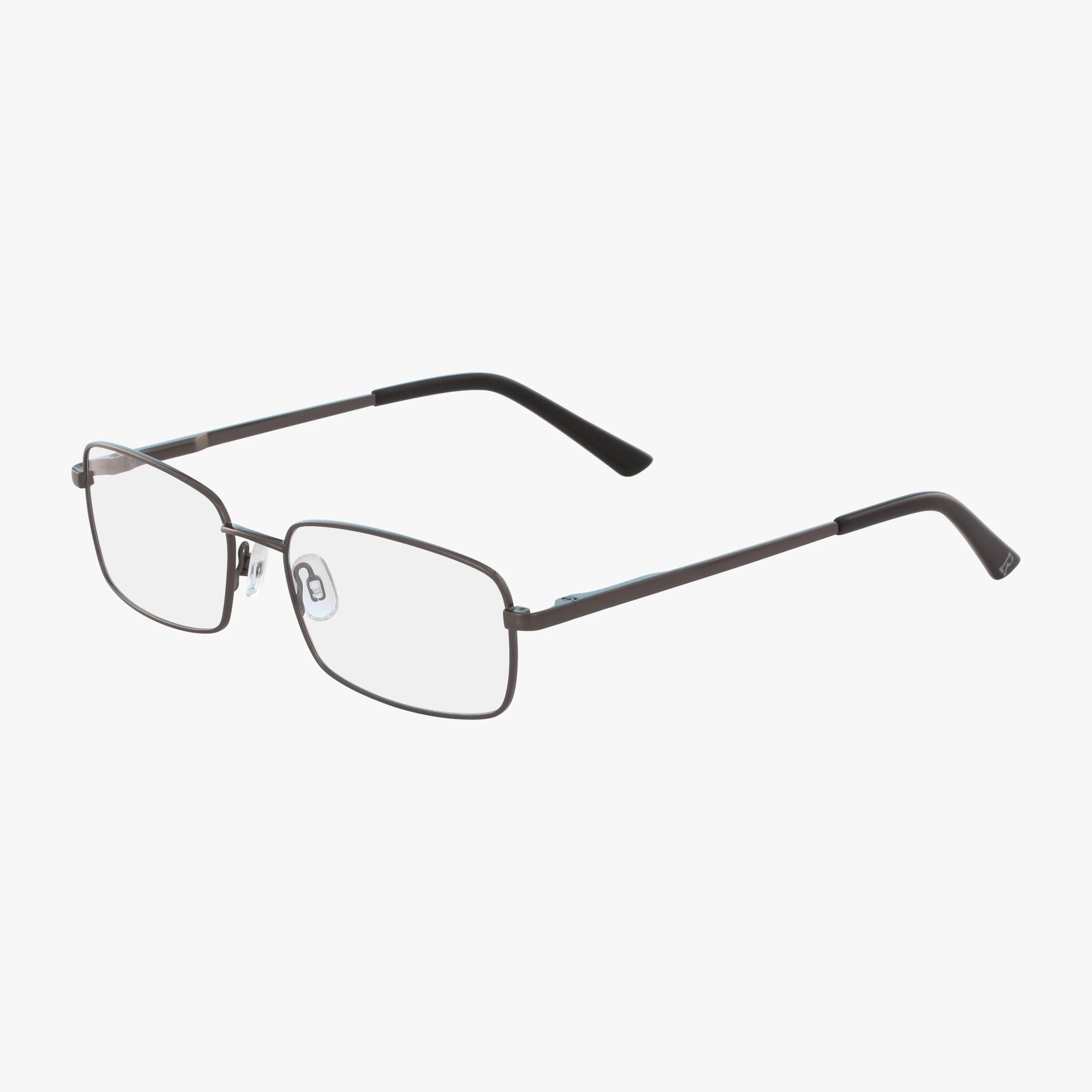 The Lenton & Rusby LR4010 features a sleek rectangular gunmetal frame with clear lenses, adjustable nose pads, and black temple tips—modern metal eyewear displayed on a white background.