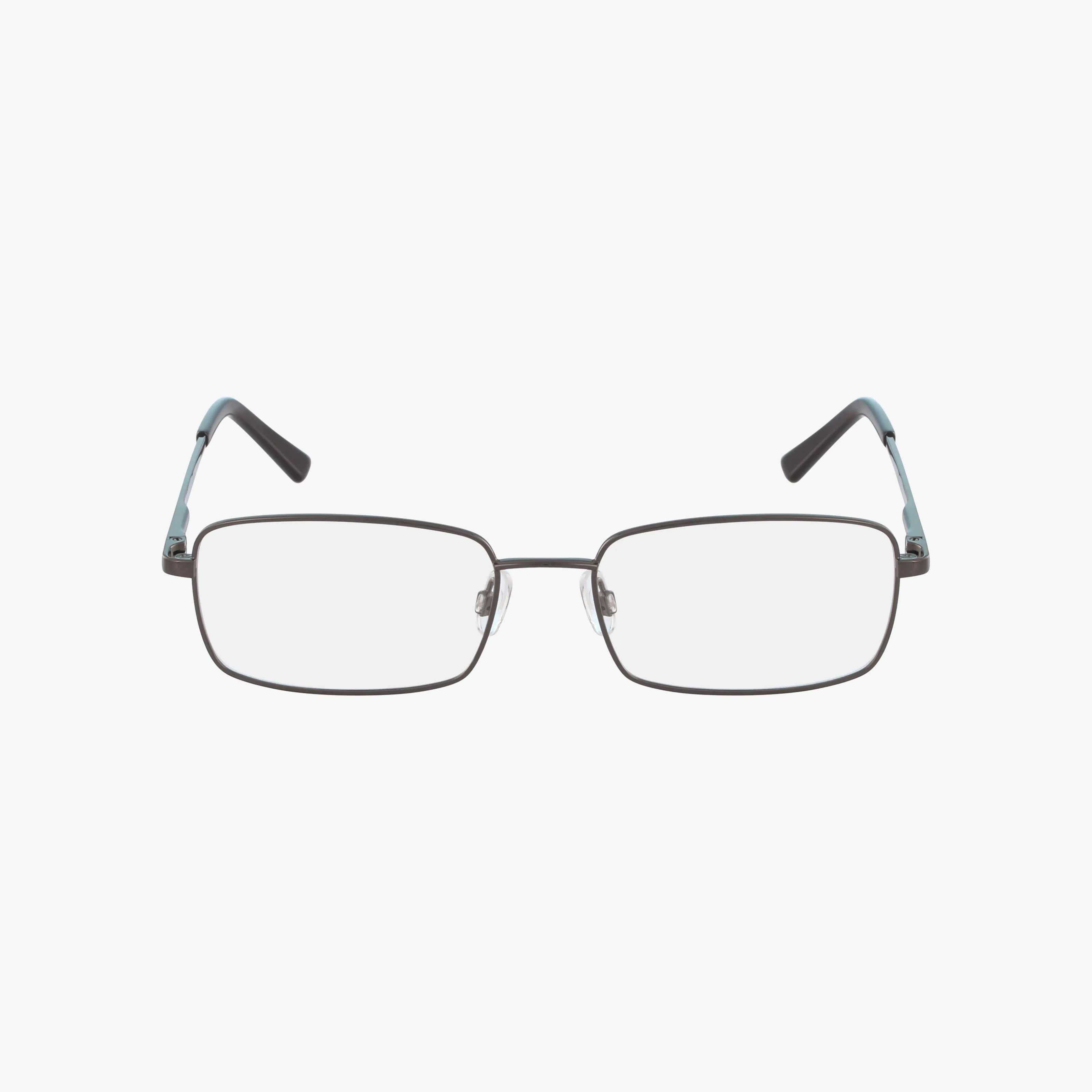 The Lenton & Rusby LR4010 rectangular eyeglasses feature a thin dark metal frame, clear lenses, visible nose pads, and temples that are partially blue with black tips, all displayed against a plain white background.