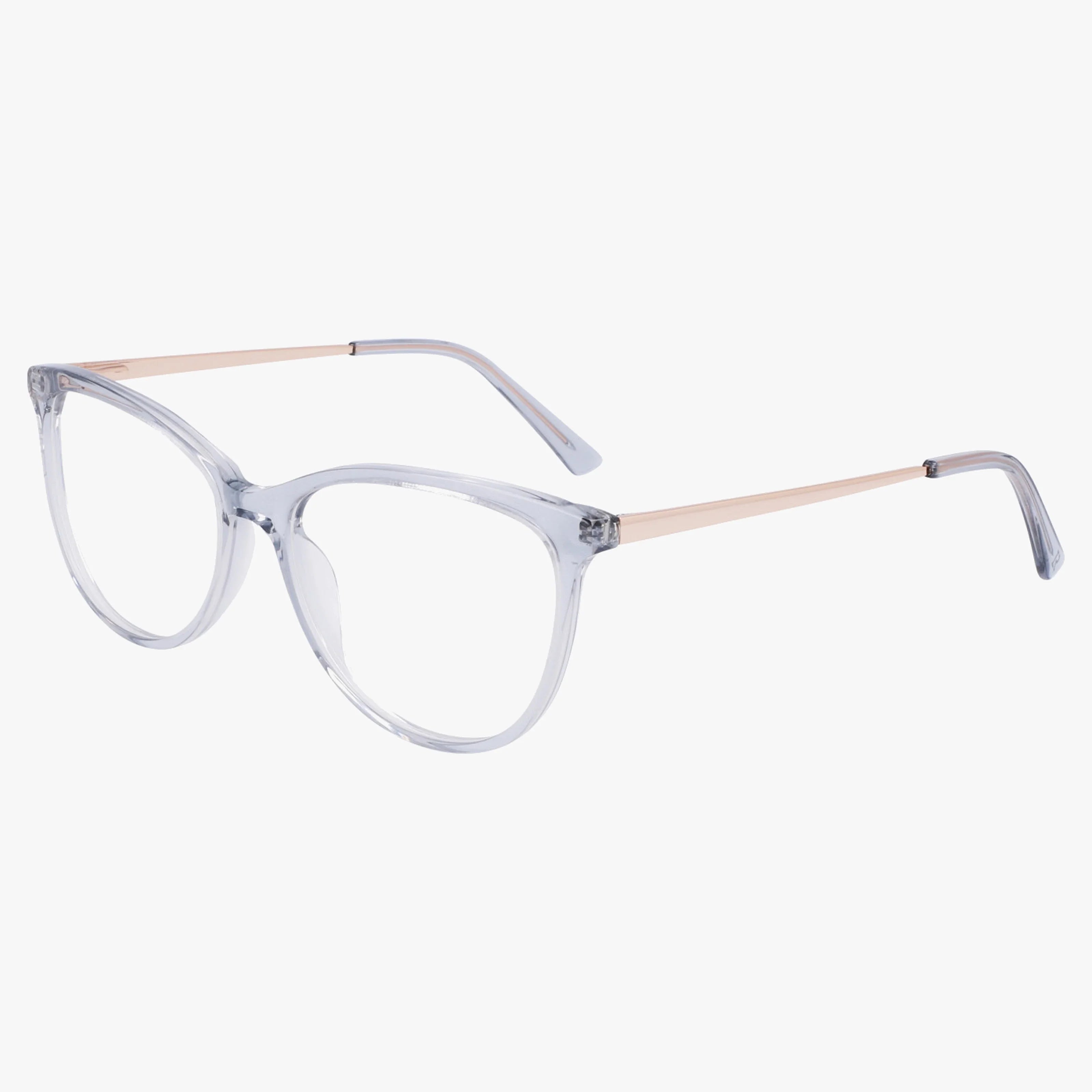 The Lenton & Rusby LR5021 eyeglasses in Grey Clear feature clear, round rims and thin gold metal arms with a stylish, classic frame design, shown on a white background.