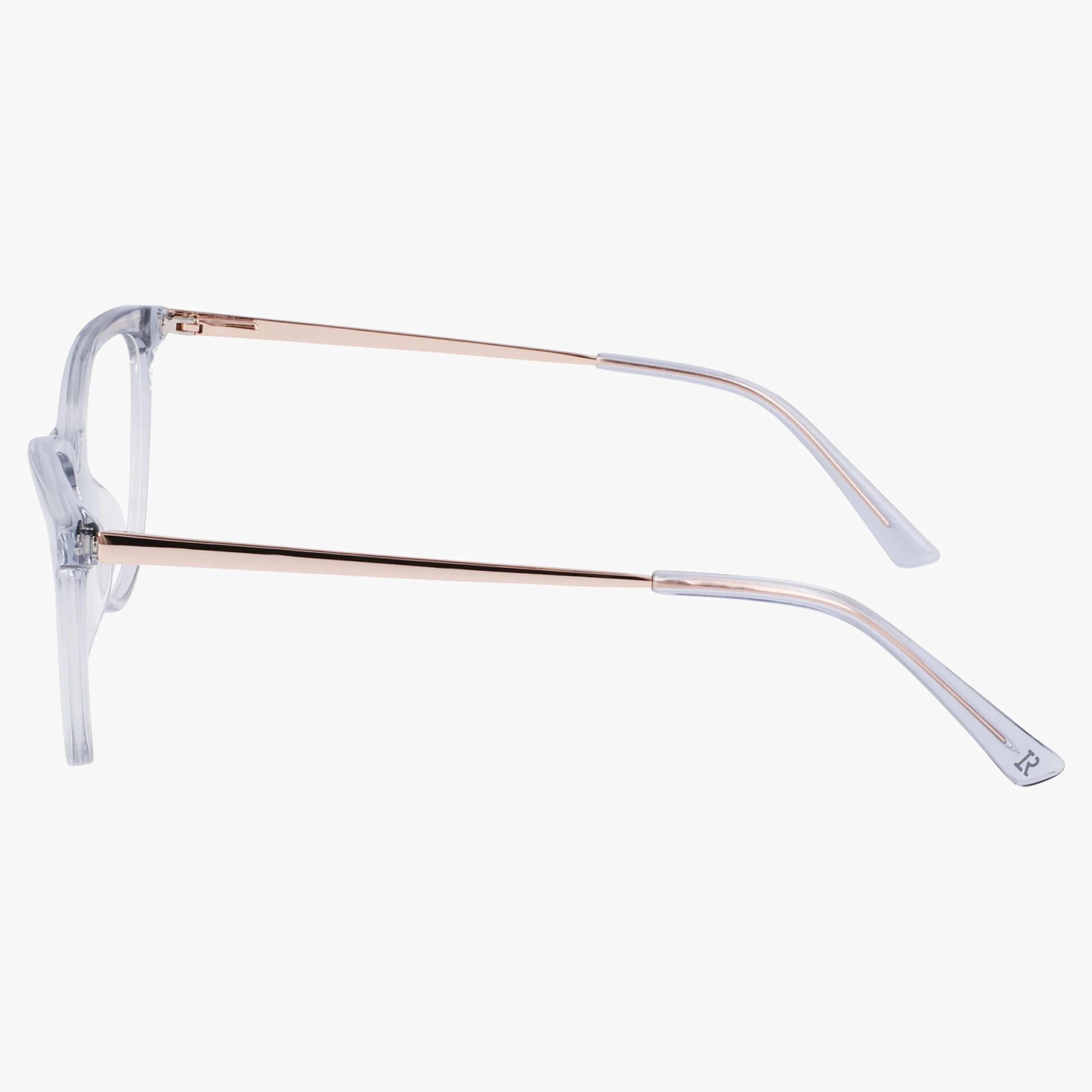 The Lenton & Rusby LR5021 eyeglasses feature classic lines, a clear blue plastic front and tips, slim gold metal temples, Transitions lenses, and an "R" mark on the right temple tip.