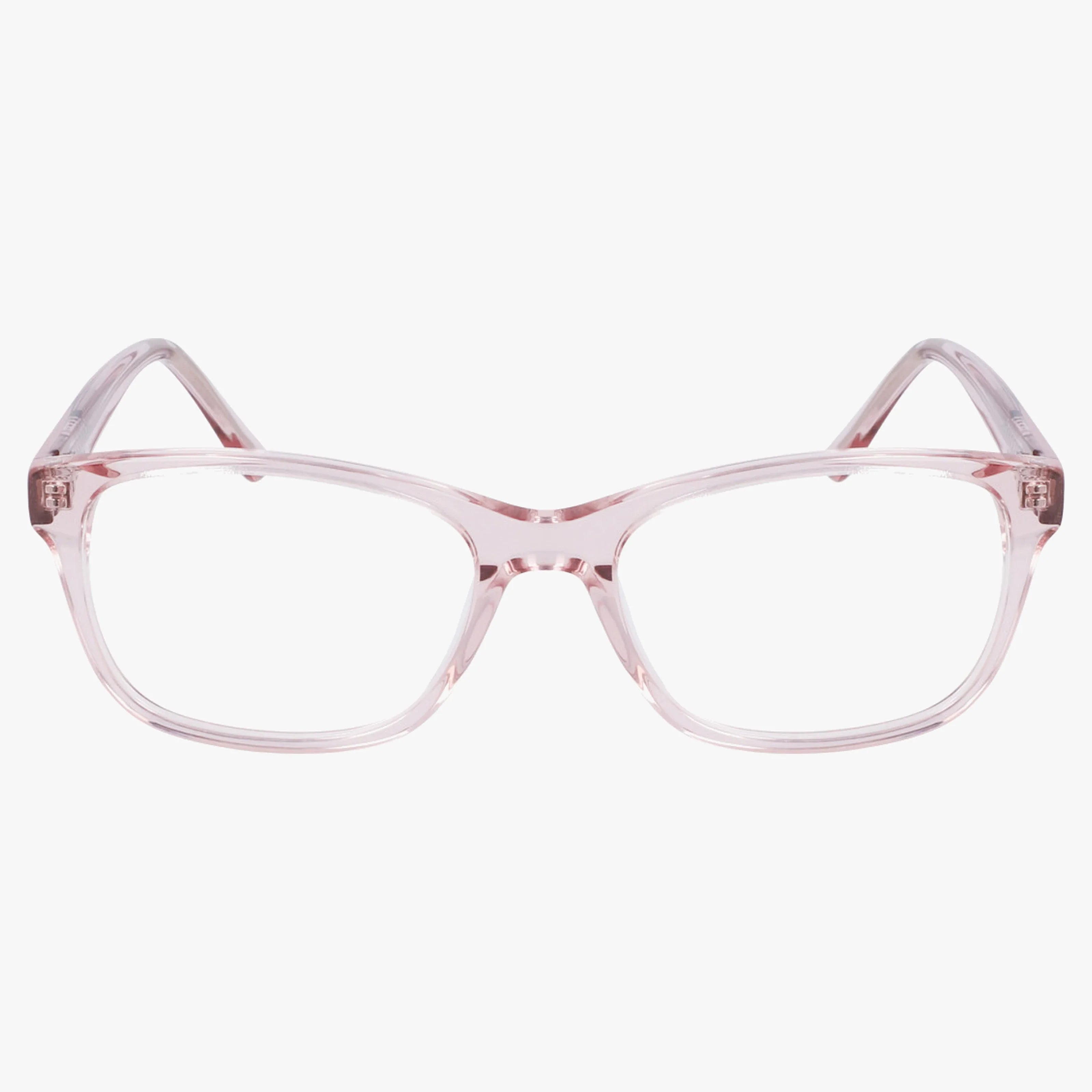 The Lenton & Rusby LR5022 eyeglasses feature a clear pink rectangular plastic frame with transparent lenses and wide, angled temples, shown front-facing against a white background for a bold everyday look.