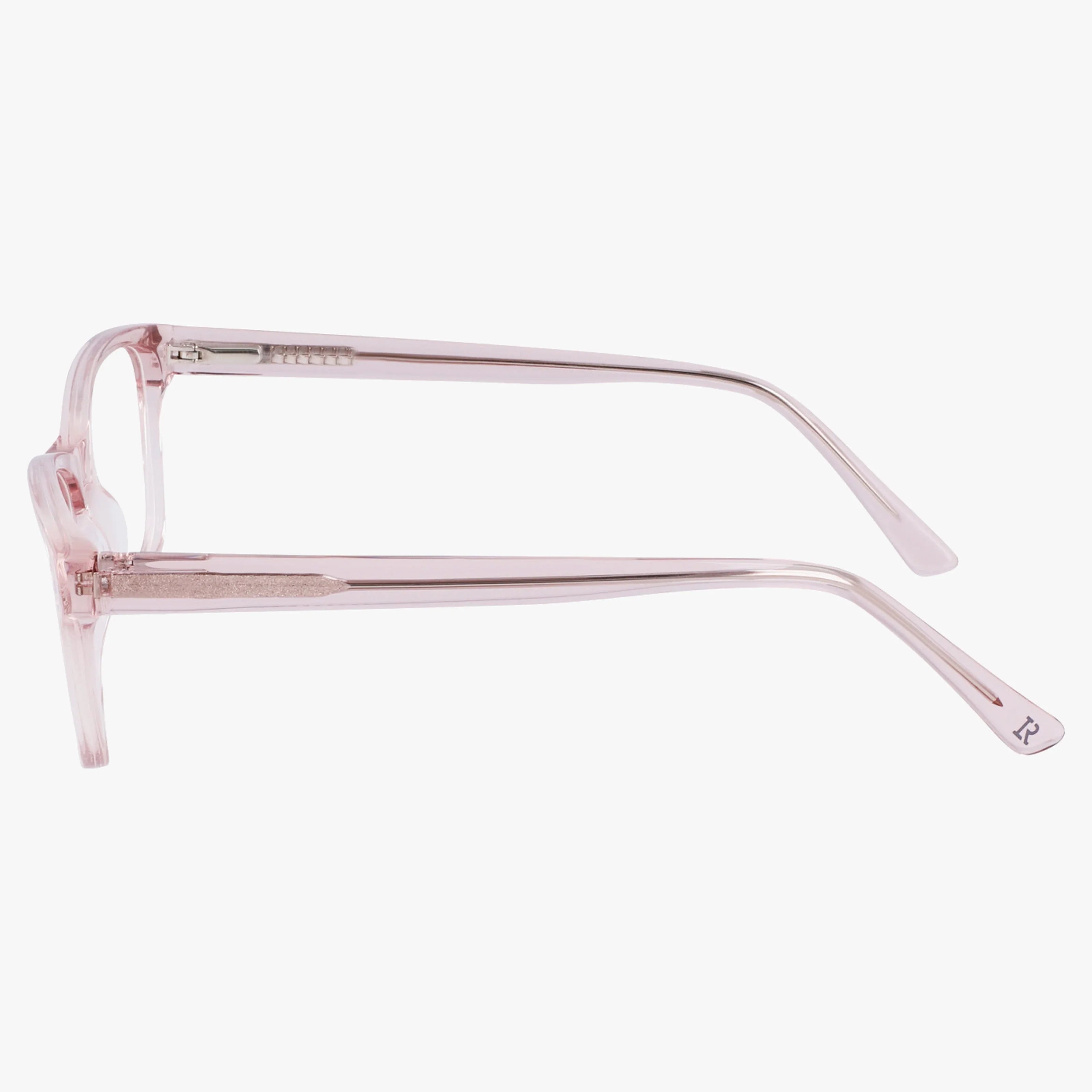 Side view of Lenton & Rusby LR5022 translucent pink eyeglass frames with straight arms, featuring a bold design and everyday excellence against a white background.