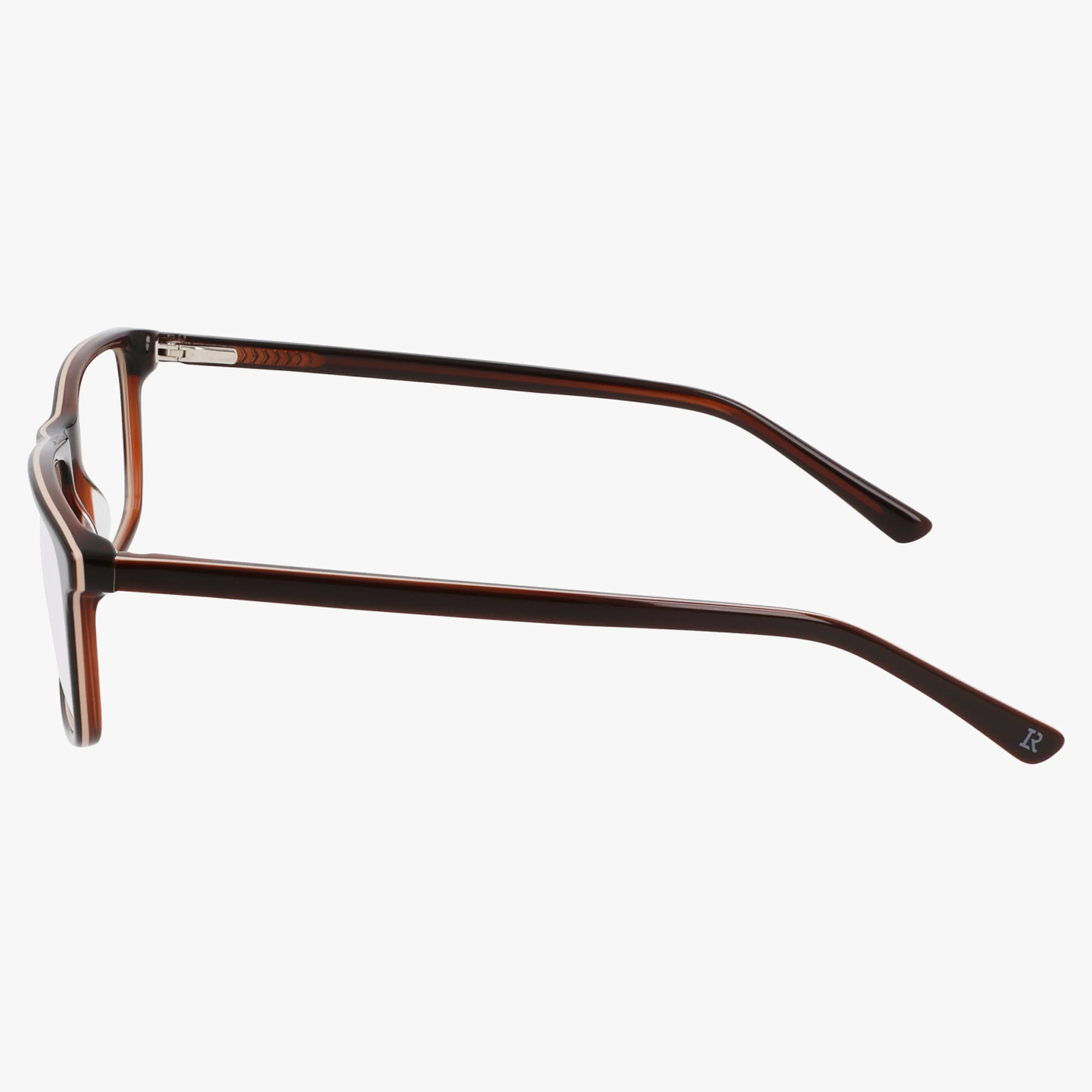 Side view of Lenton & Rusby LR4021: rectangular eyeglasses with dark brown, semi-transparent frames, straight arms, a robust design, and a small R on the right temple tip.