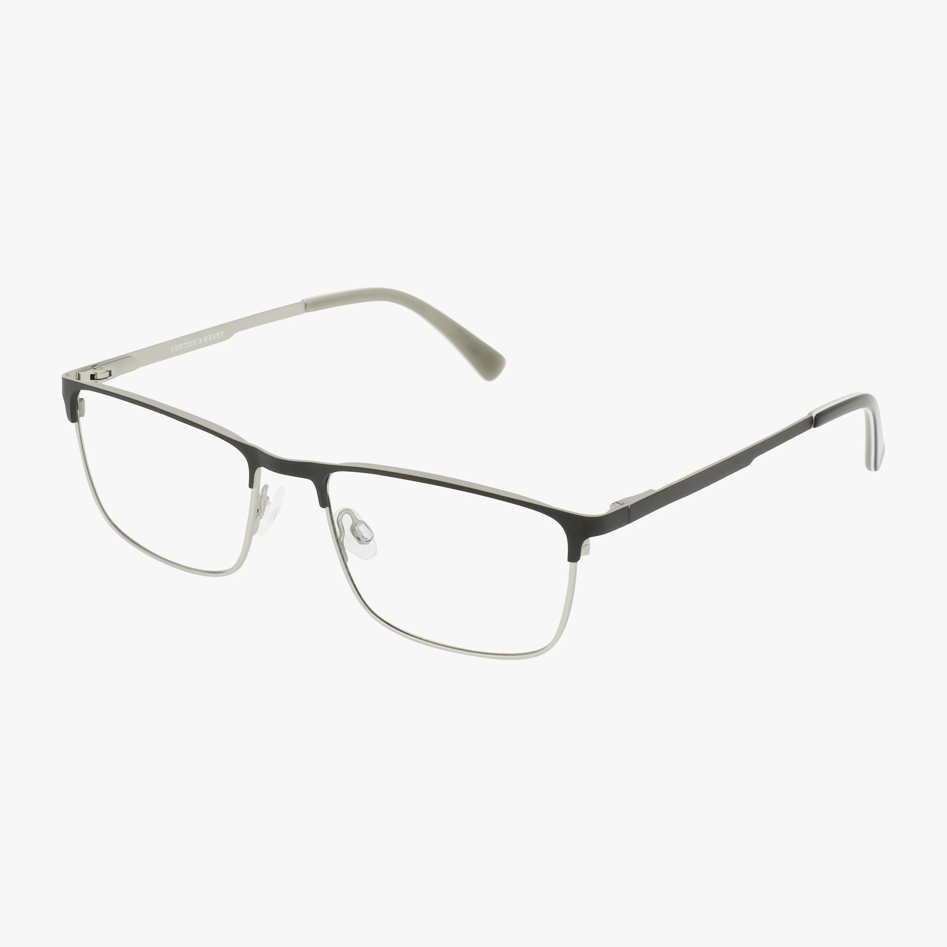 The Lenton & Rusby LR4022 features rectangular, semi-rimless frames with a thin metallic silver bottom and black top, clear nose pads, and light gray temple tips—ideal for those seeking minimalist style with modern durability.
