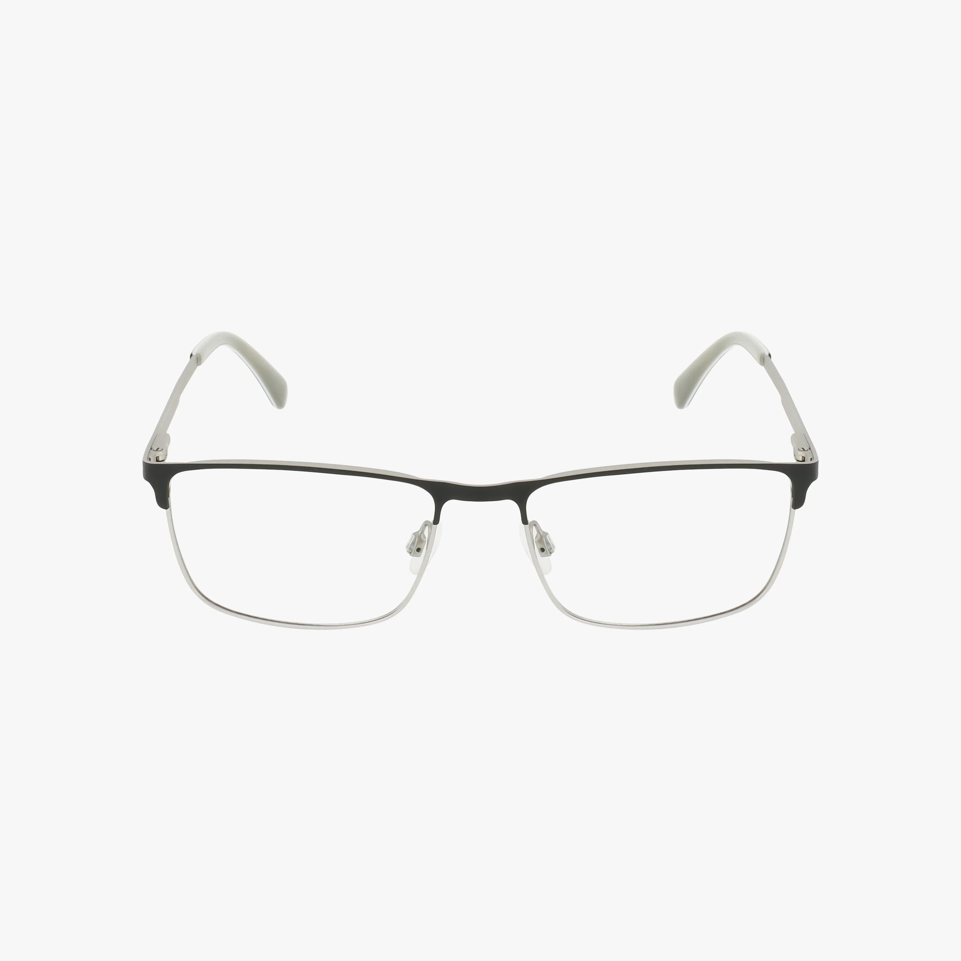 The Lenton & Rusby LR4022 features rectangular lenses with a black minimalist top frame, silver rims, white temple tips, and clear nose pads, showcased on a white background.
