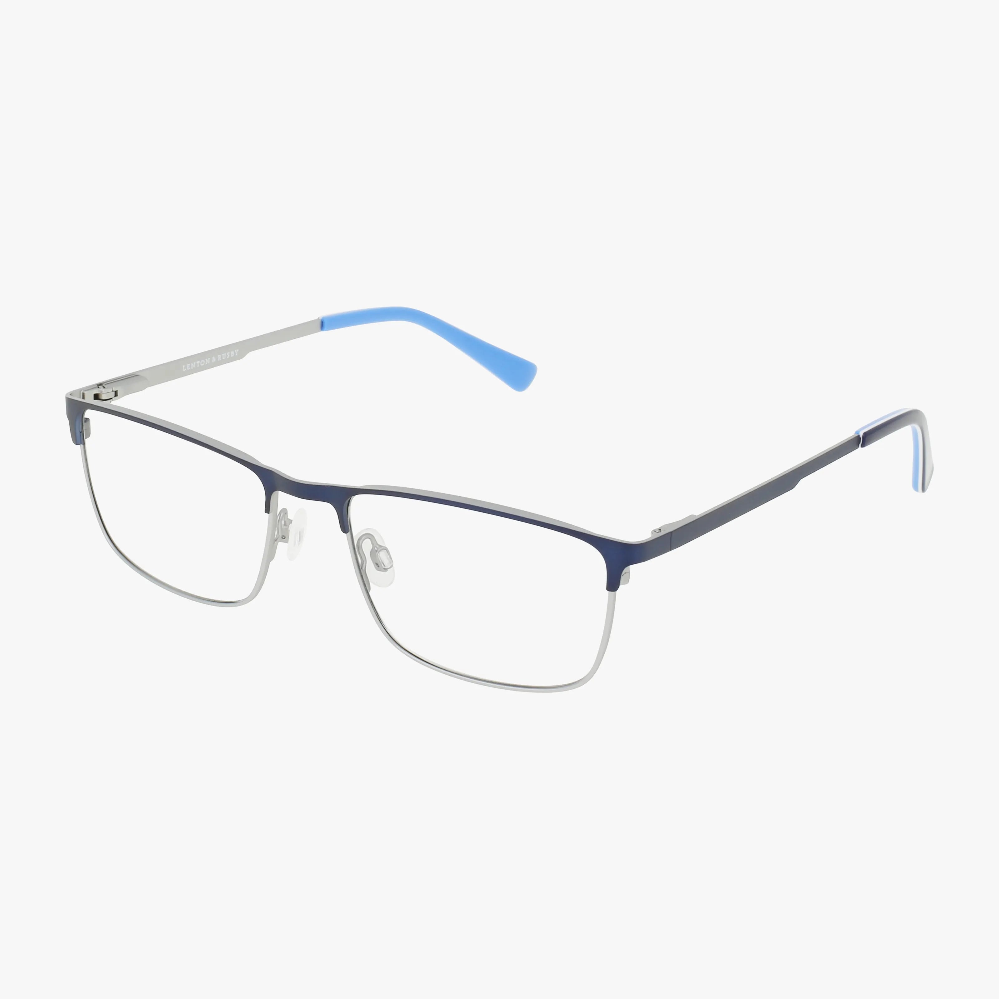The Lenton & Rusby LR4022 eyeglasses feature a thin, silver rectangular frame with blue upper rims and blue temple tips, adjustable nose pads, modern durability, and a sleek design for prescription lenses.