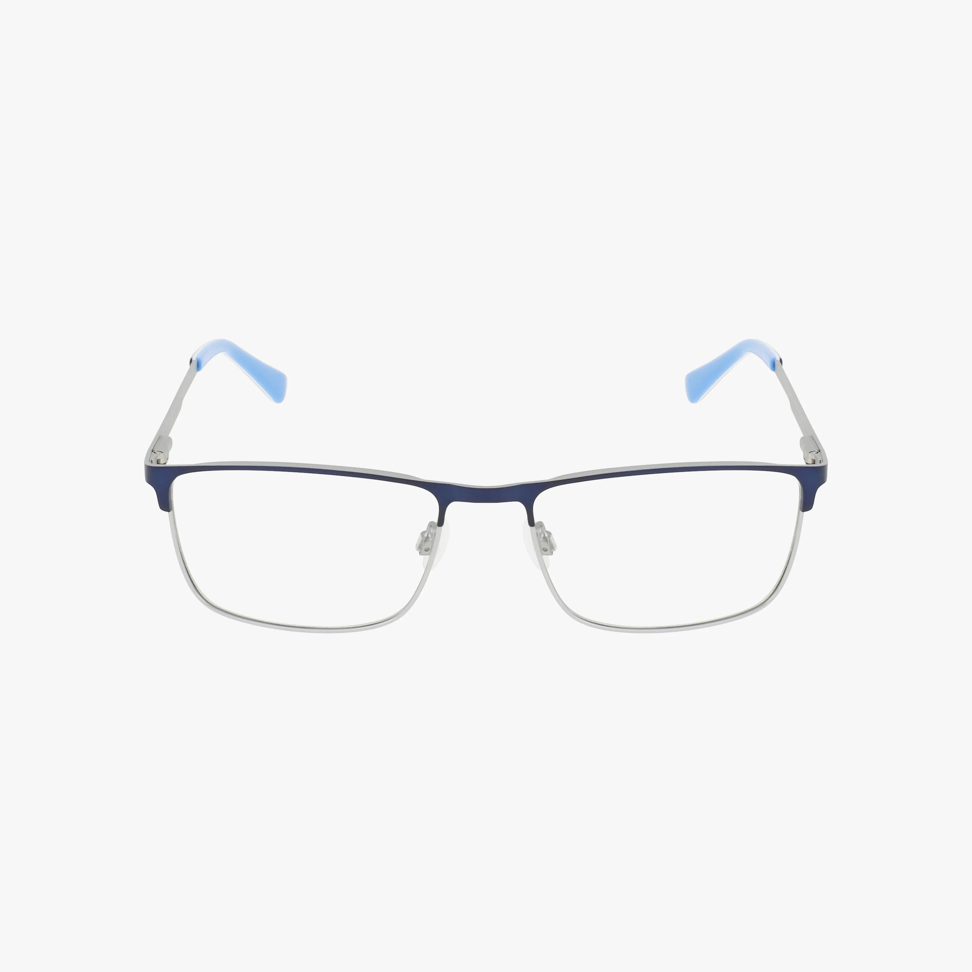 The Lenton & Rusby LR4022 features rectangular silver metal rims, a dark blue top bar, and light blue temple tips. This minimalist frame is prescription-compatible and shown on a white background.