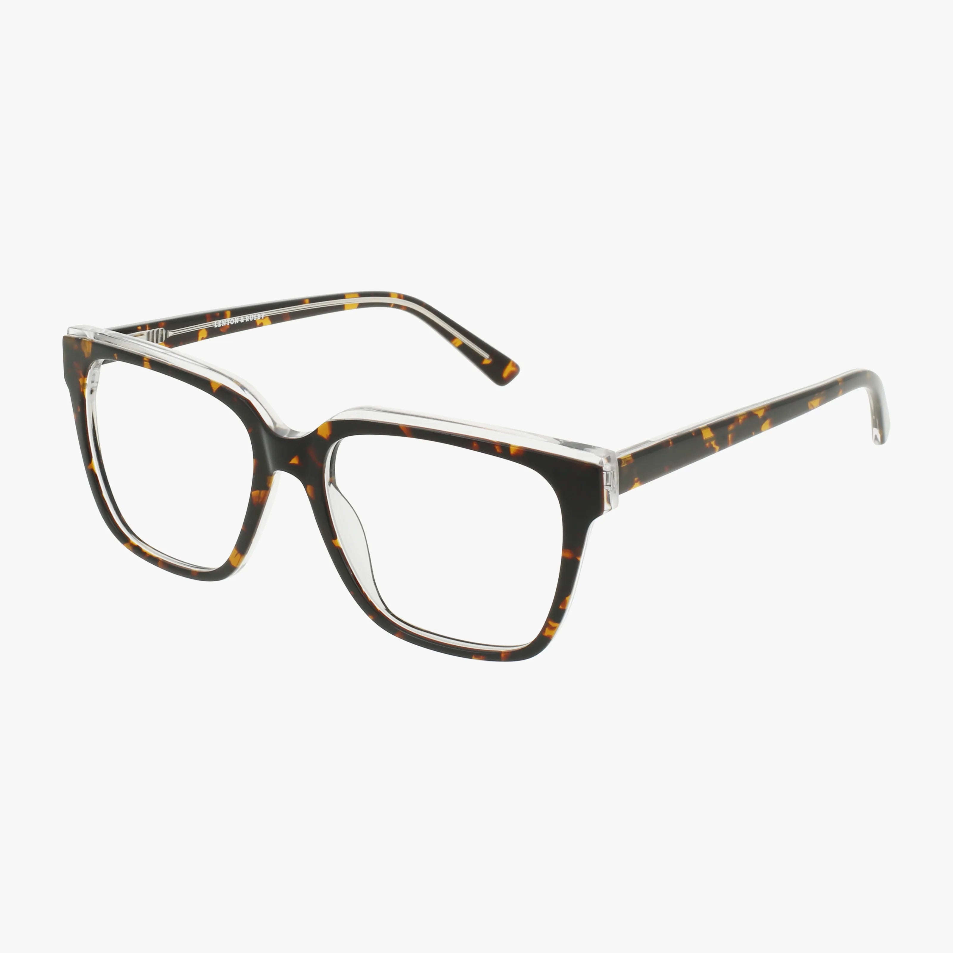 The Lenton & Rusby LR5028 eyeglasses feature large, square progressive lenses in a Tortoise Clear pattern with brown and amber tones, plus stylish clear accents along the frame’s top edges and bridge.
