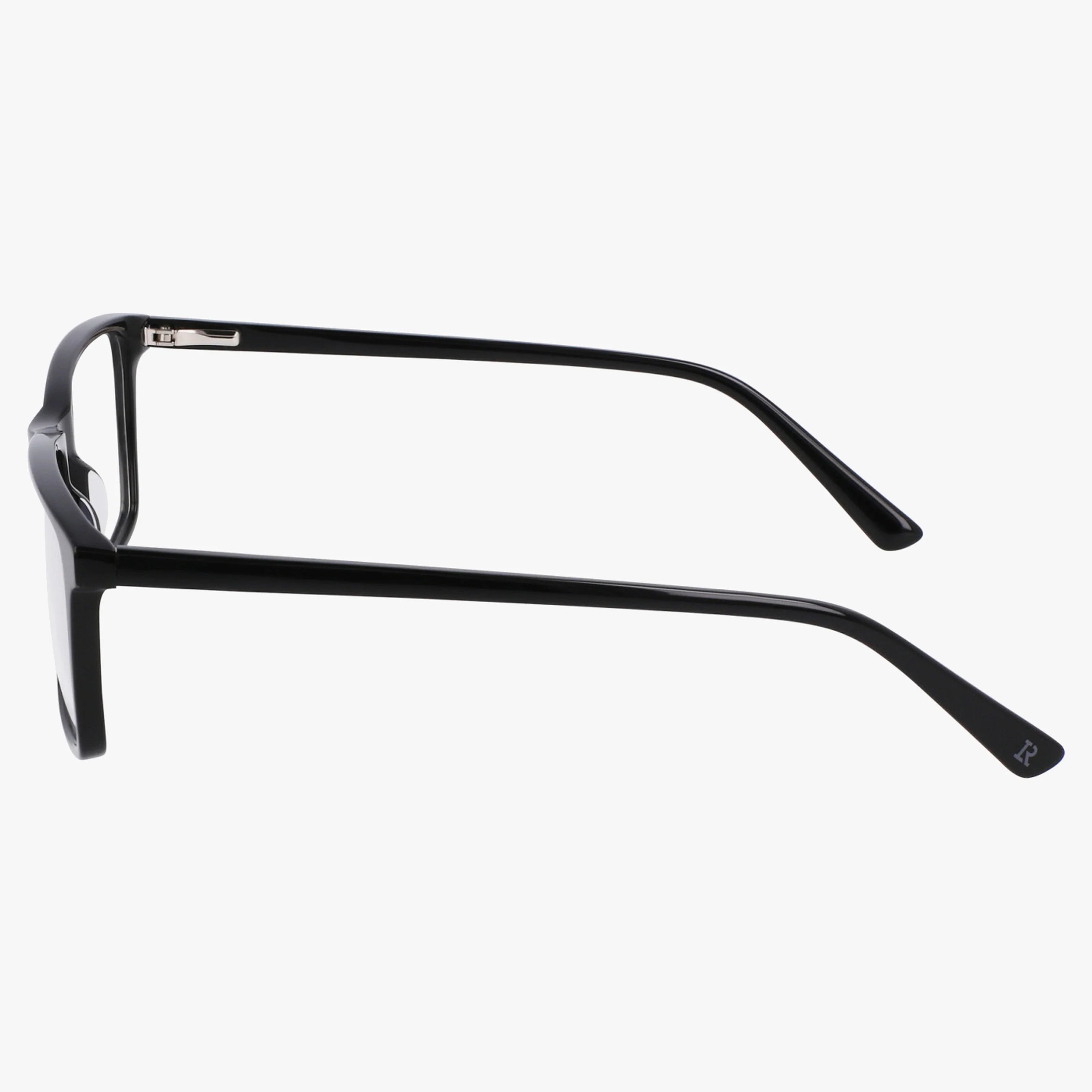 Side view of Lenton & Rusby LR4017 black rectangular eyeglass frames with straight arms, small R on the right temple tip, and clear nose pads—a stylish daily-wear choice—shown against a plain white background.