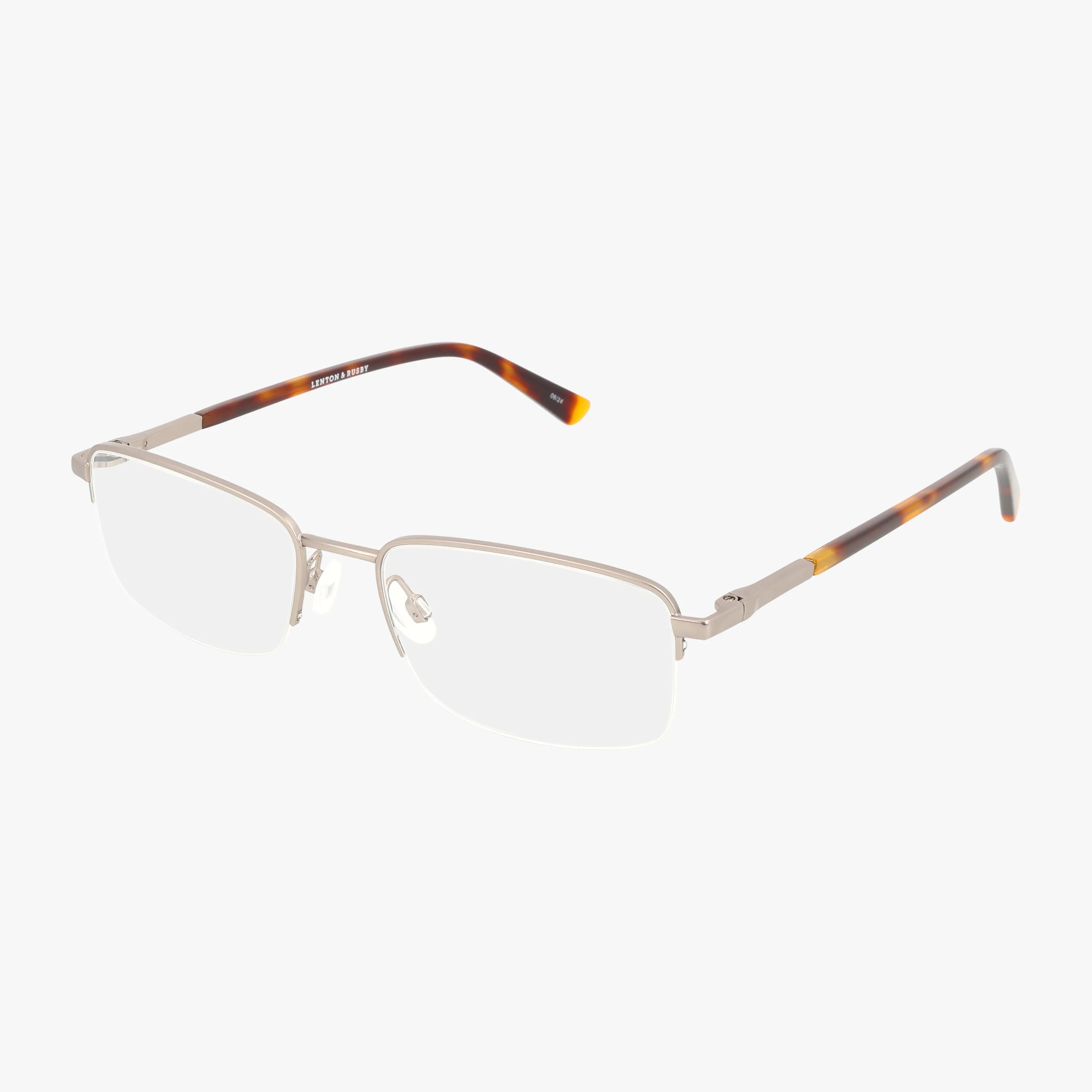 The Lenton & Rusby LR4019 features semi-rimless, lightweight metal frames with tortoiseshell-patterned temple arms and blue light lenses—ideal for daily wear, shown on a white background.