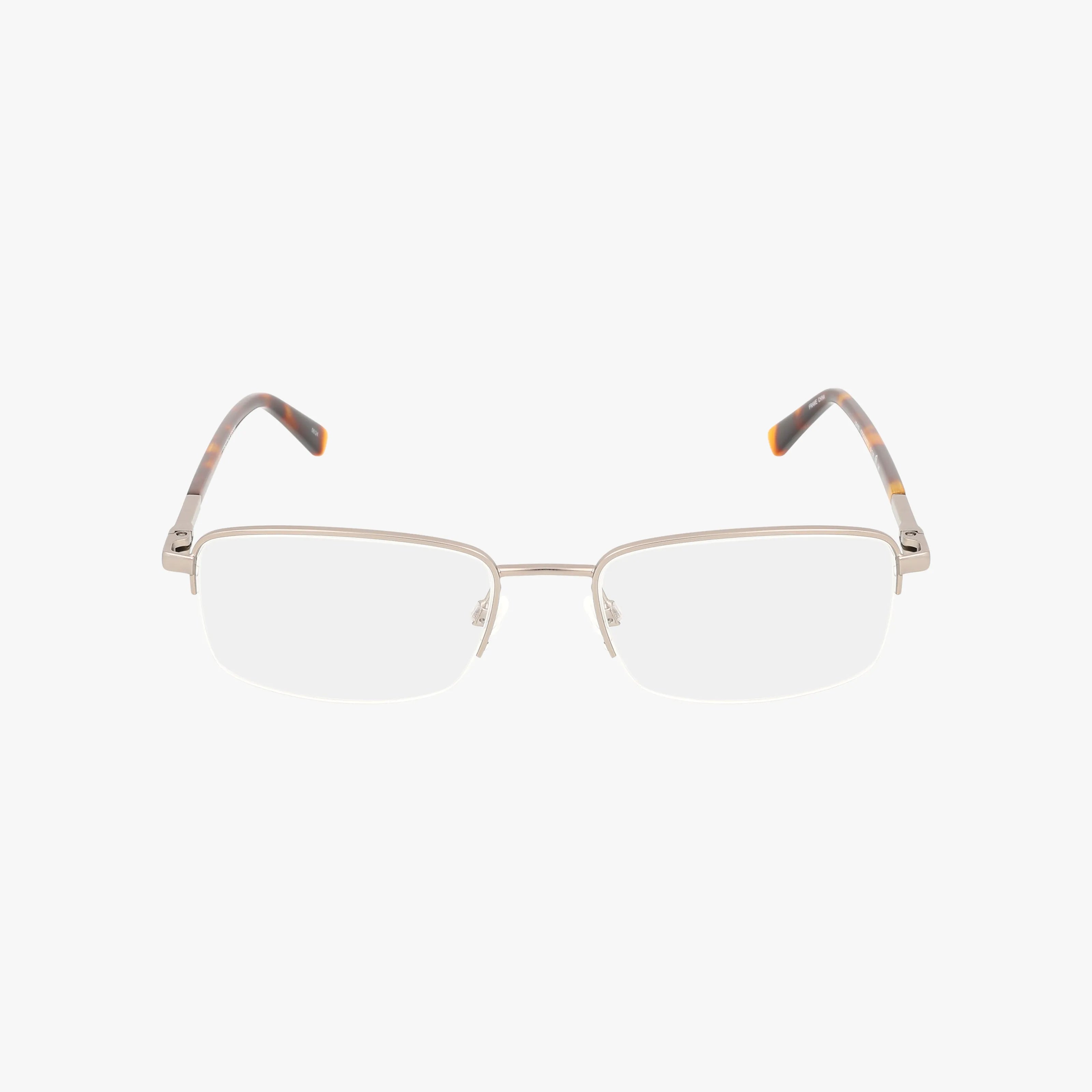 The Lenton & Rusby LR4019 are rectangular, rimless eyeglasses with thin silver metal frames, blue light lenses, and tortoiseshell-patterned temple tips—lightweight for all-day comfort, displayed on a plain white background.