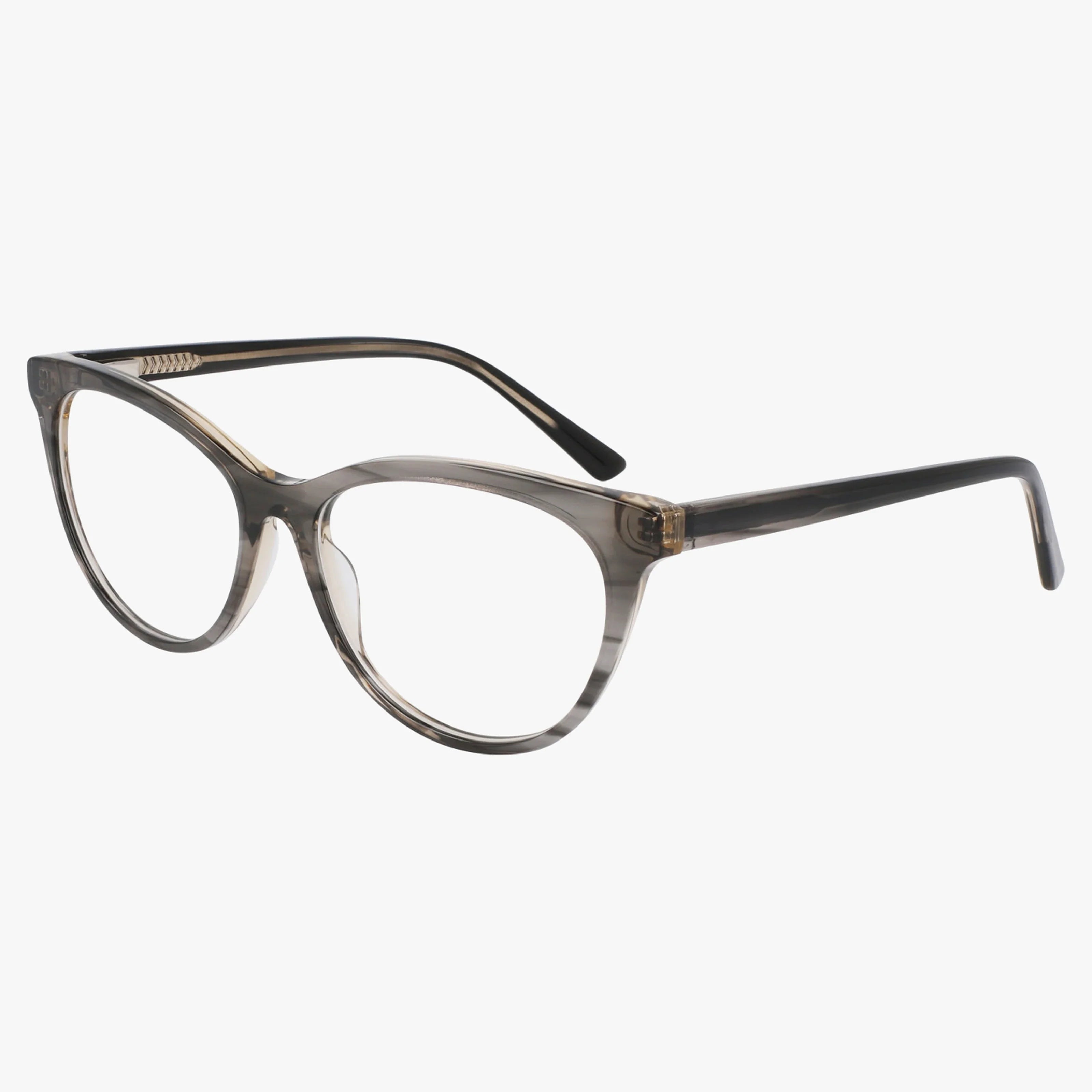 The Lenton & Rusby LR5024 features translucent gray cat-eye frames with clear lenses and black temple tips, blending modern and classic style, shown on a white background.