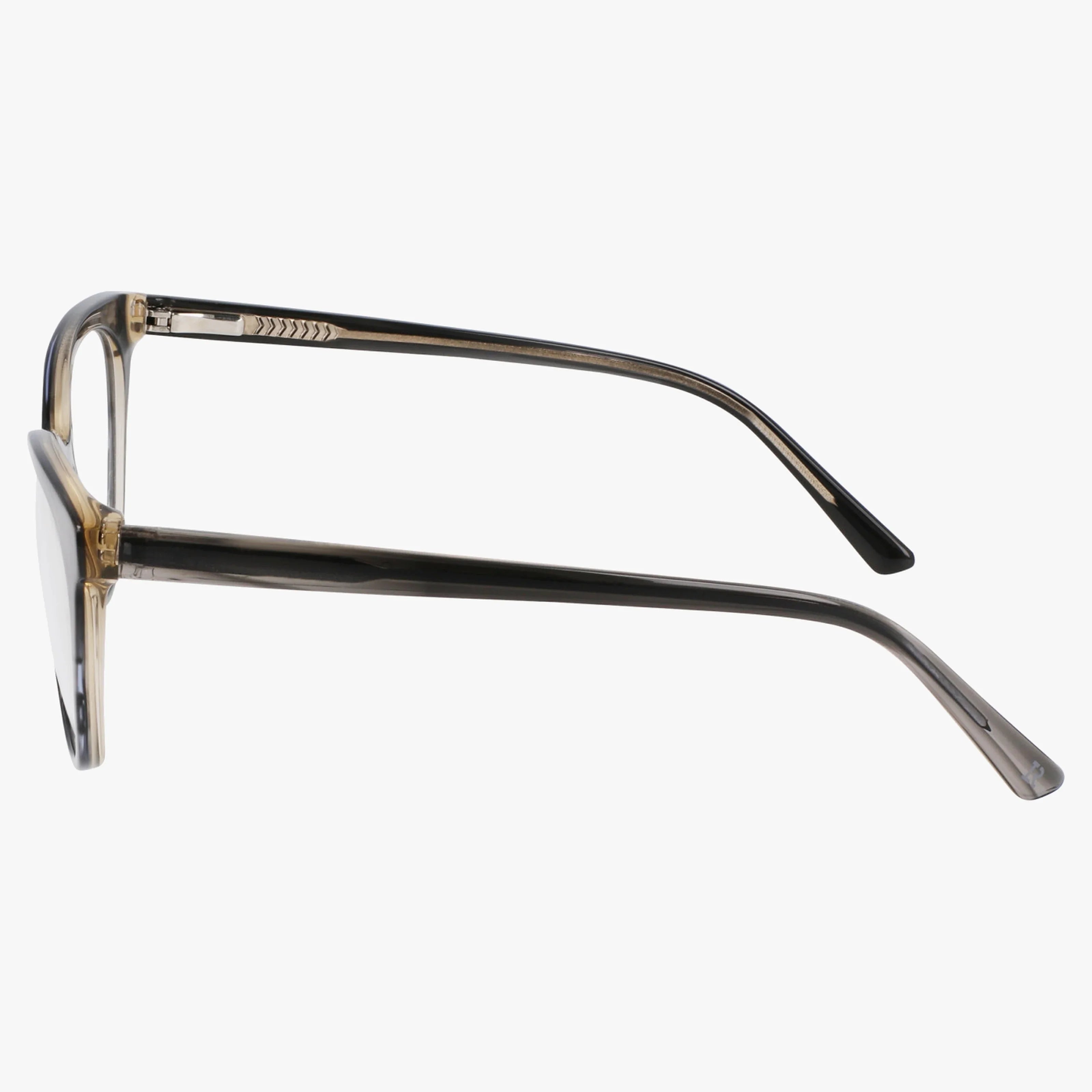 Side view of Lenton & Rusby LR5024 eyeglasses with translucent smokey-gray frames and slightly curved arms, showcasing a stylish design against a plain white background.