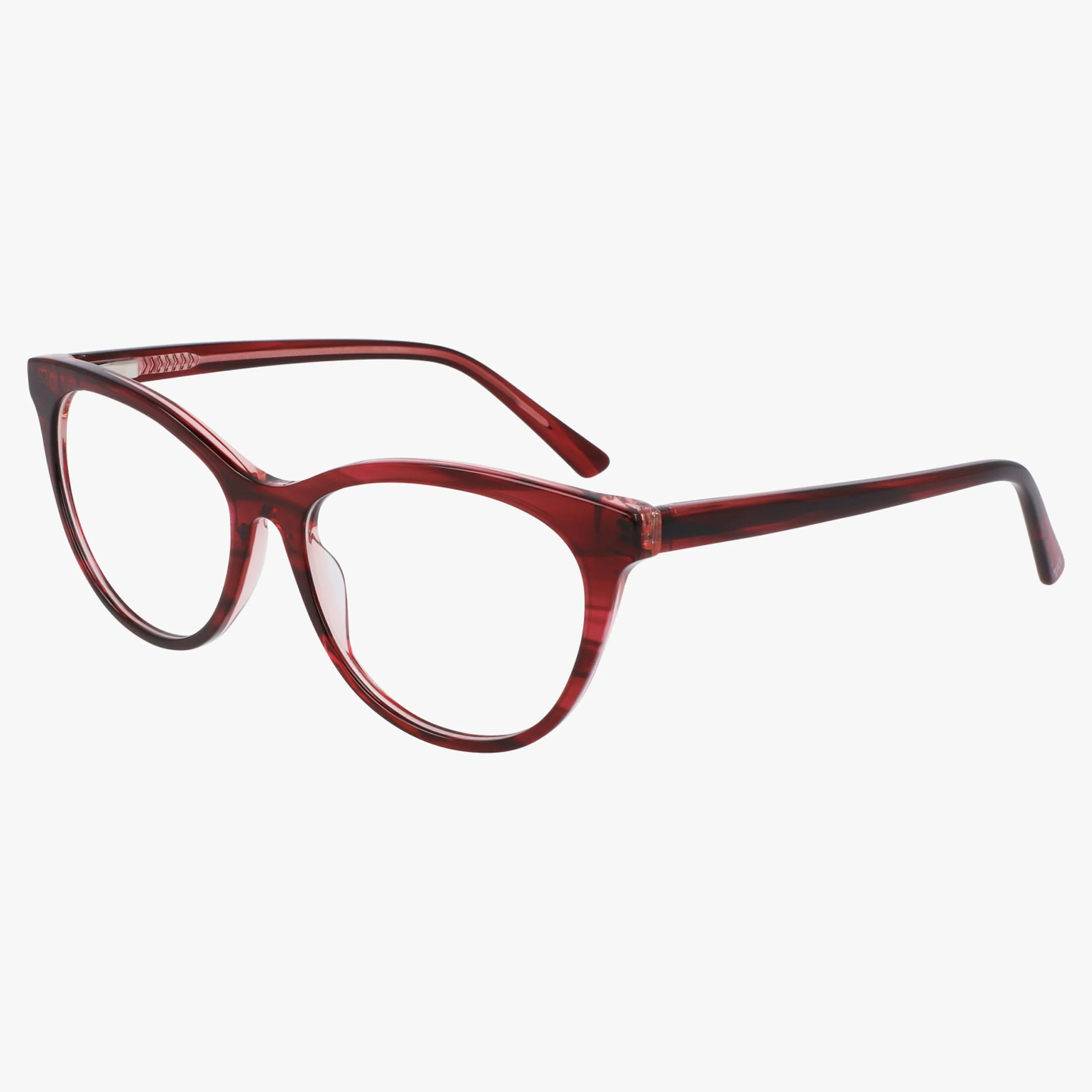 Lenton & Rusby LR5024 eyeglasses in red cat-eye shape with clear lenses, glossy slightly transparent finish, blending classic style and modern construction. Shown on a white background.