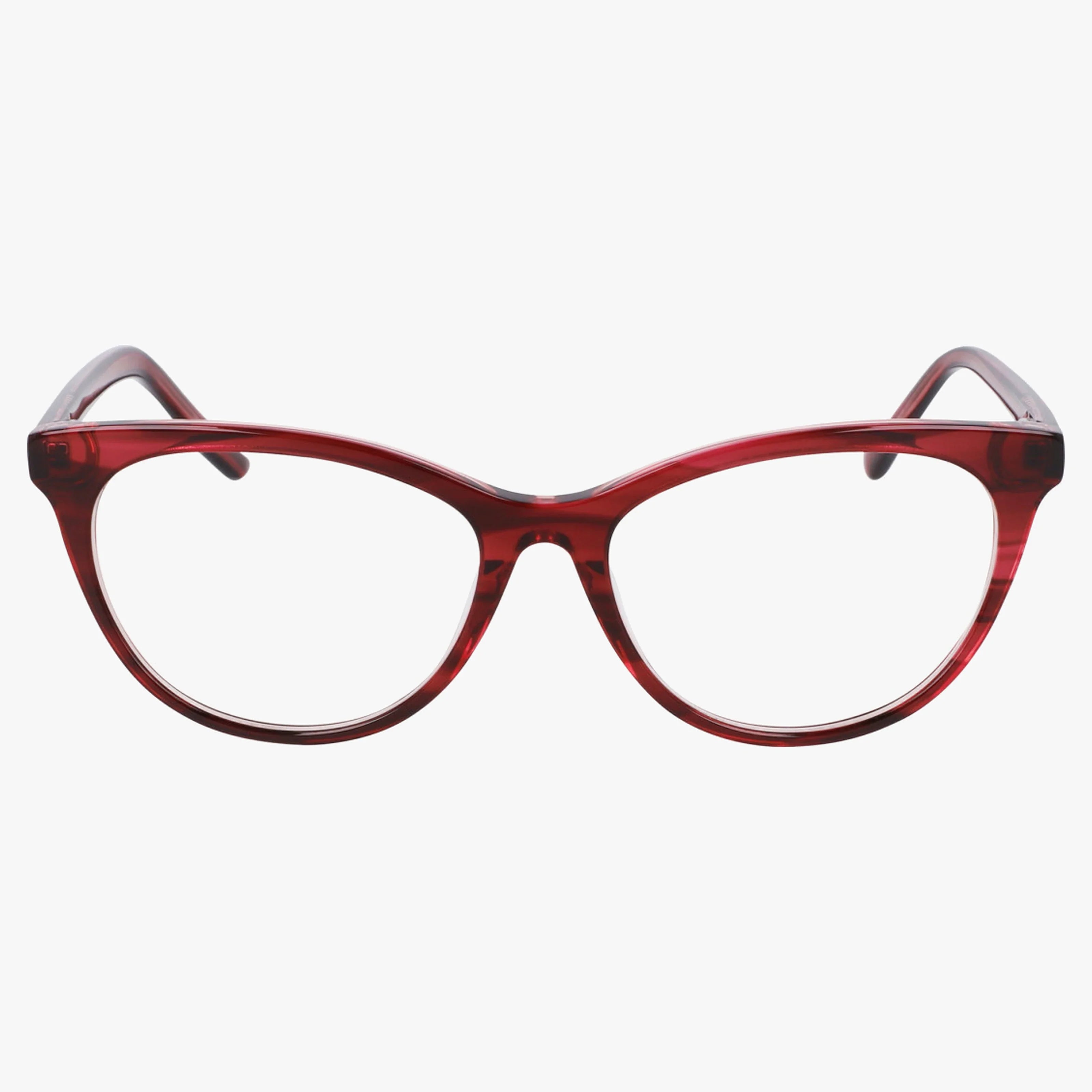 The Lenton & Rusby LR5024 eyeglasses feature red cat-eye frames with clear lenses, viewed from the front on a white background. These stylish, classic frames have a slightly translucent, glossy finish for a timeless, modern look.