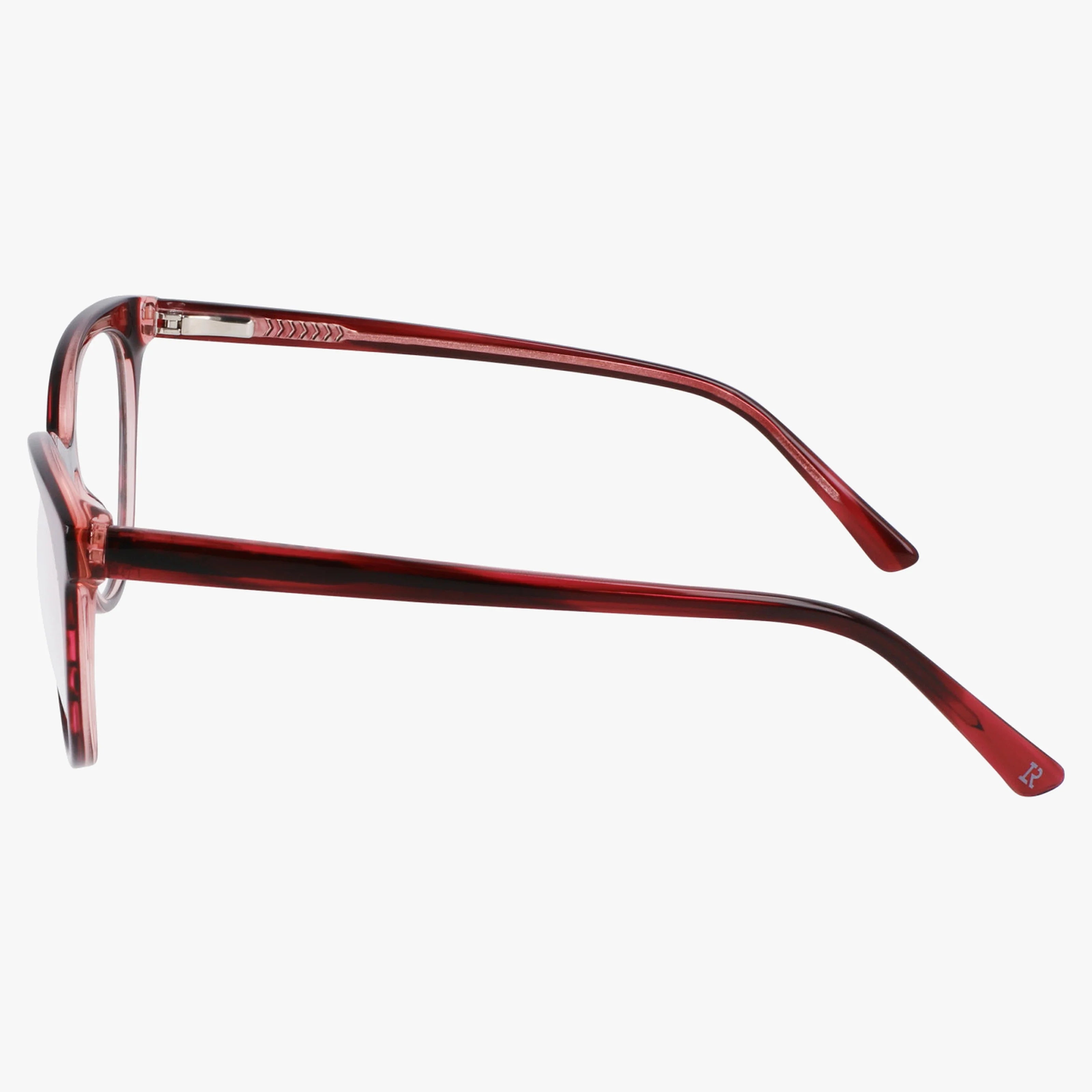 Side view of Lenton & Rusby LR5024 in red with clear lenses, showcasing modern design. The right temple arm is extended, displaying an engraved "R" near the tip against a plain white background.