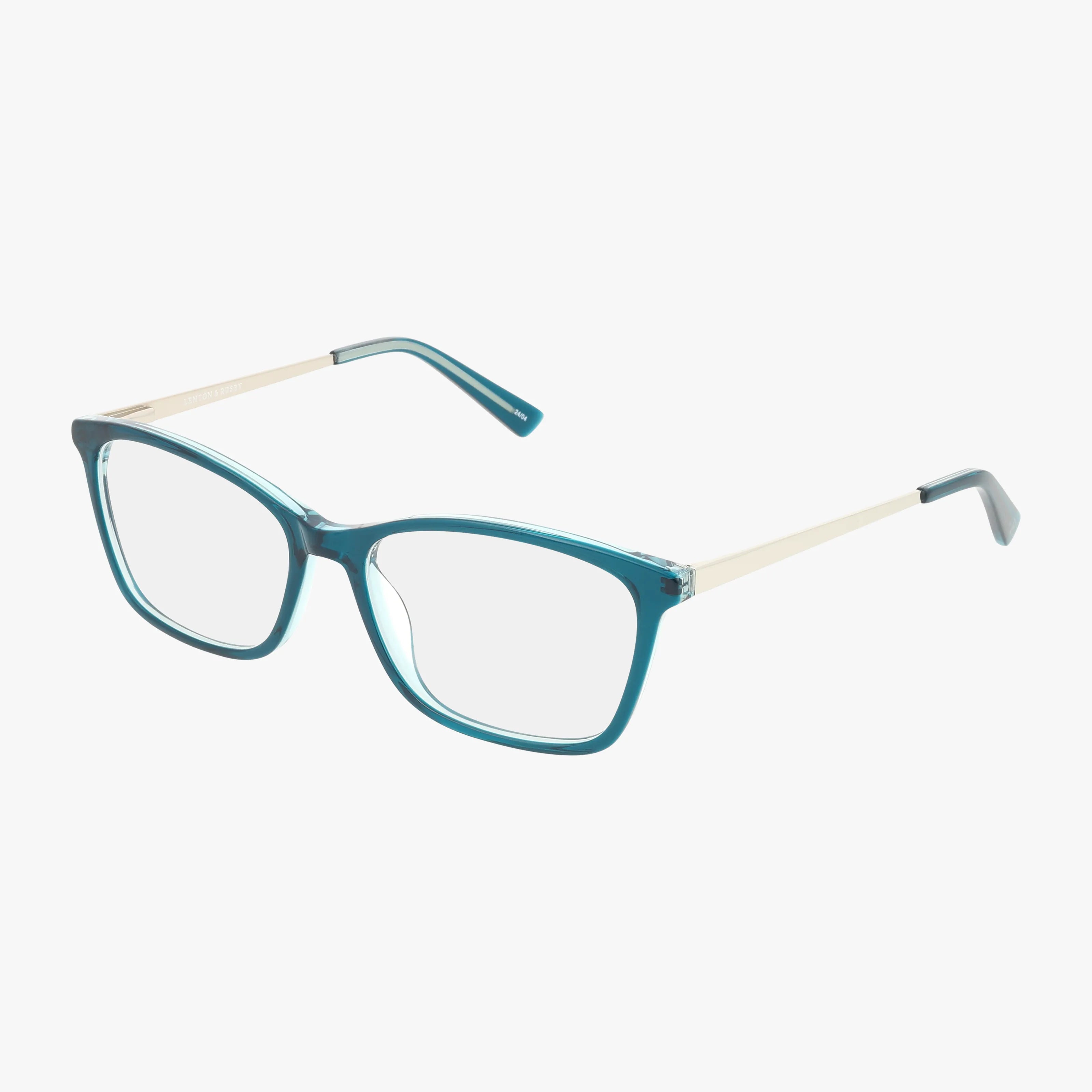 The Lenton & Rusby LR5025 features stylish rectangular blue teal frames and slim metallic silver arms with blue light lenses, shown on a white background.