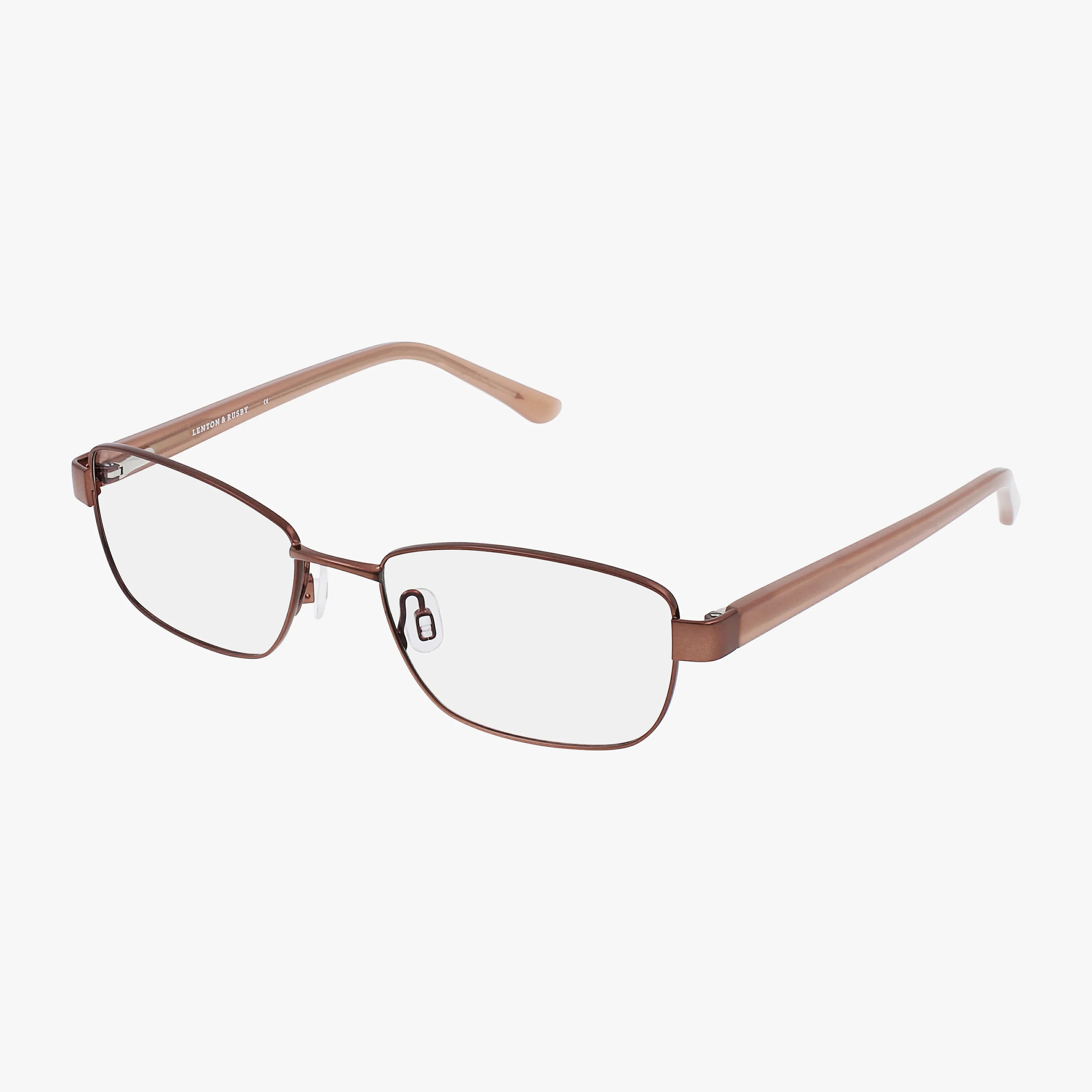 The Lenton & Rusby LR5018 features rectangular eyeglasses with a thin, durable brown metal frame, clear lenses, and matching brown plastic arms, displayed on a white background.