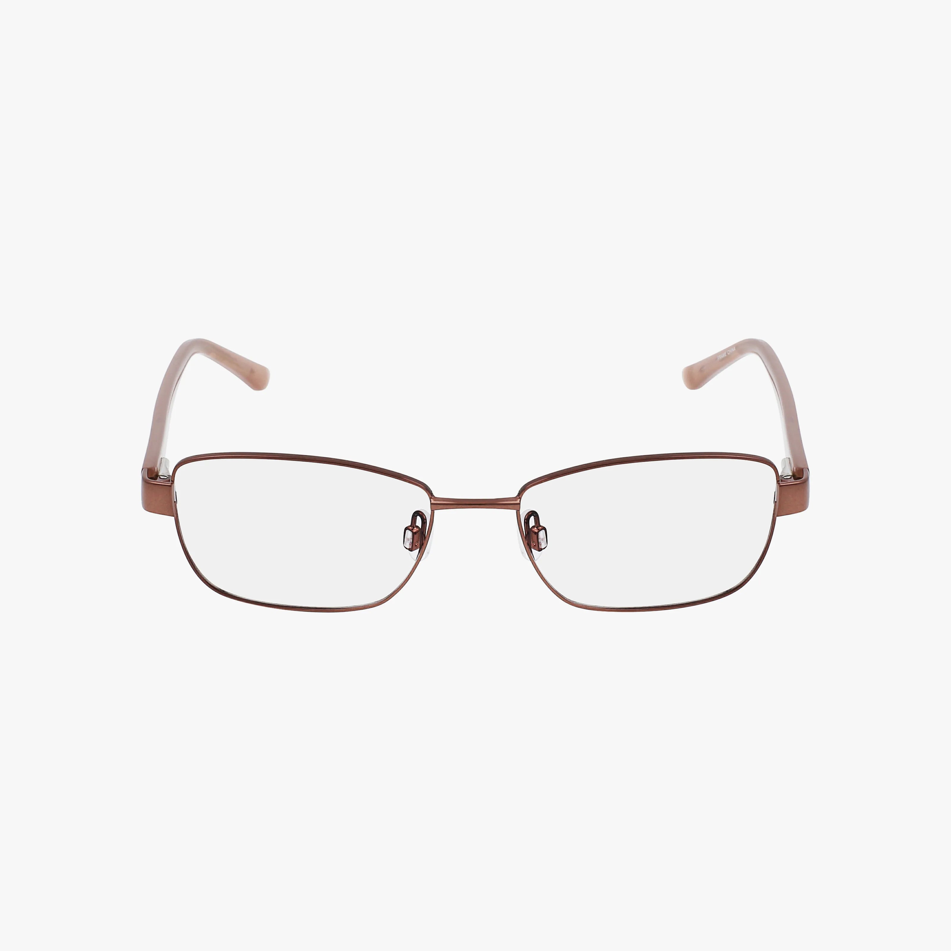 The Lenton & Rusby LR5018 features rectangular fashion eyewear with thin brown metal frames, light beige plastic temple tips, and a durable frame, displayed on a white background.