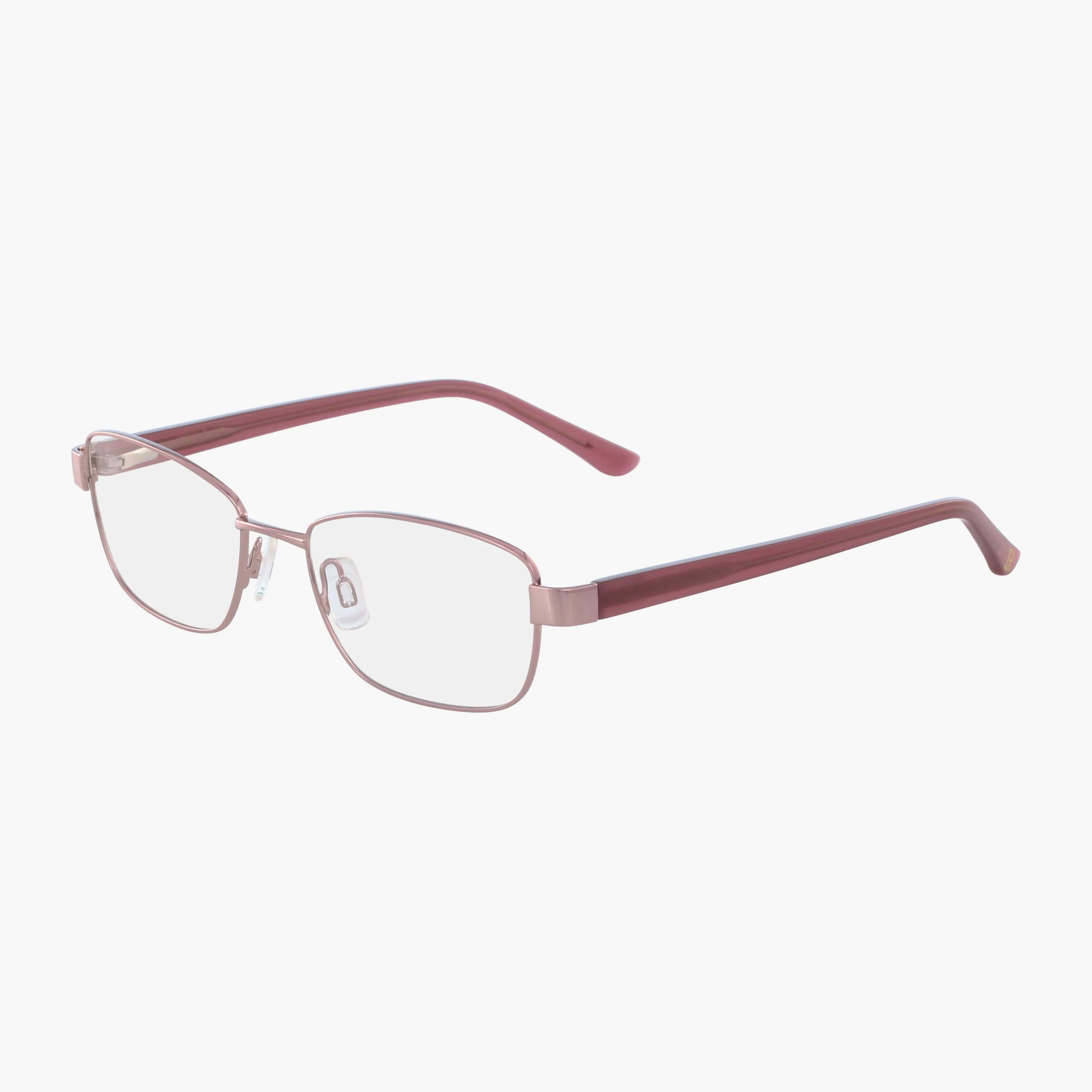 The Lenton & Rusby LR5018 features thin, rectangular rose gold metal frames and pinkish-brown plastic arms, compatible with progressive lenses, shown on a white background.