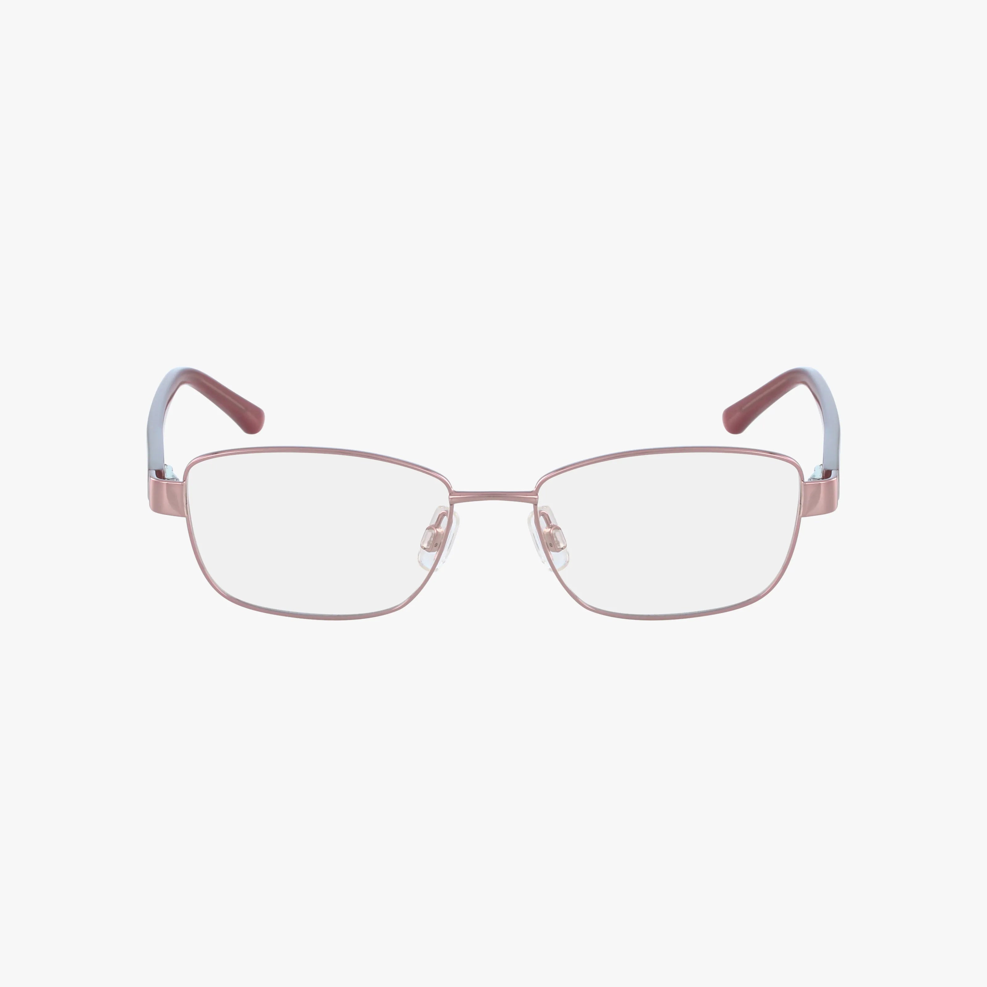Lenton & Rusby LR5018: Rectangular fashion eyewear with thin, light pink metal frames, clear lenses, dark red temple tips, and light blue arm ends. Durable frame. Displayed on a plain white background.