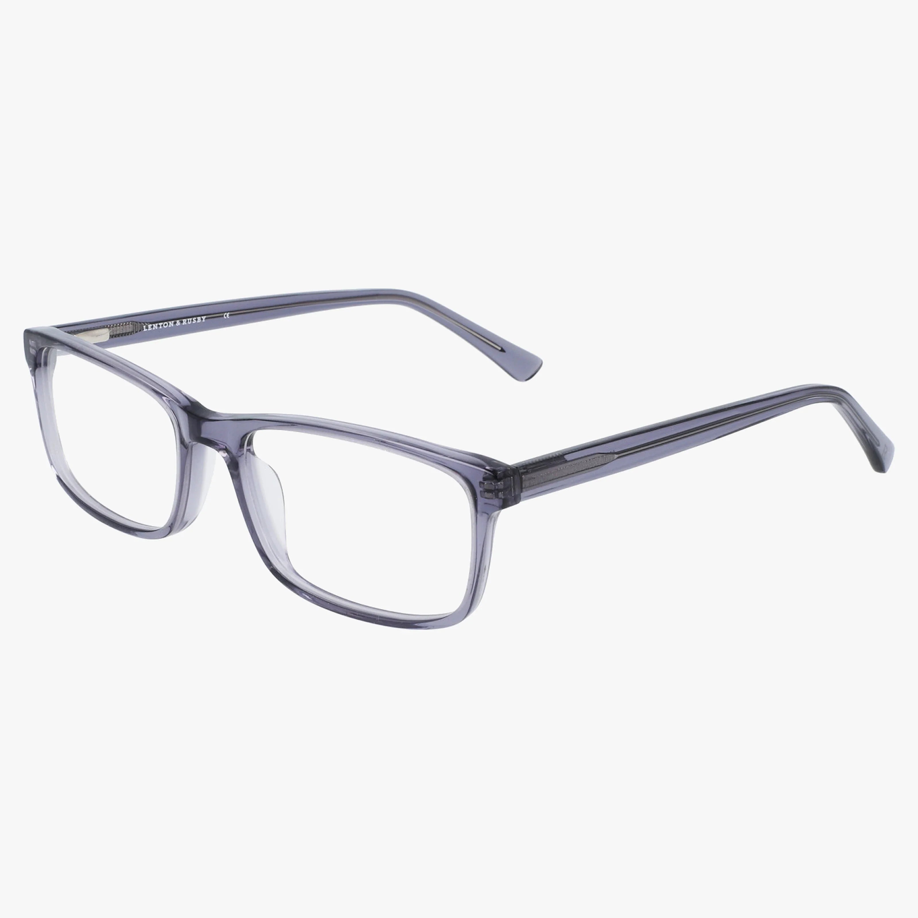 The Lenton & Rusby LR4012 features a grey clear rectangular frame with a polished, thick plastic build for durability and slightly angled temples, shown against a white background.