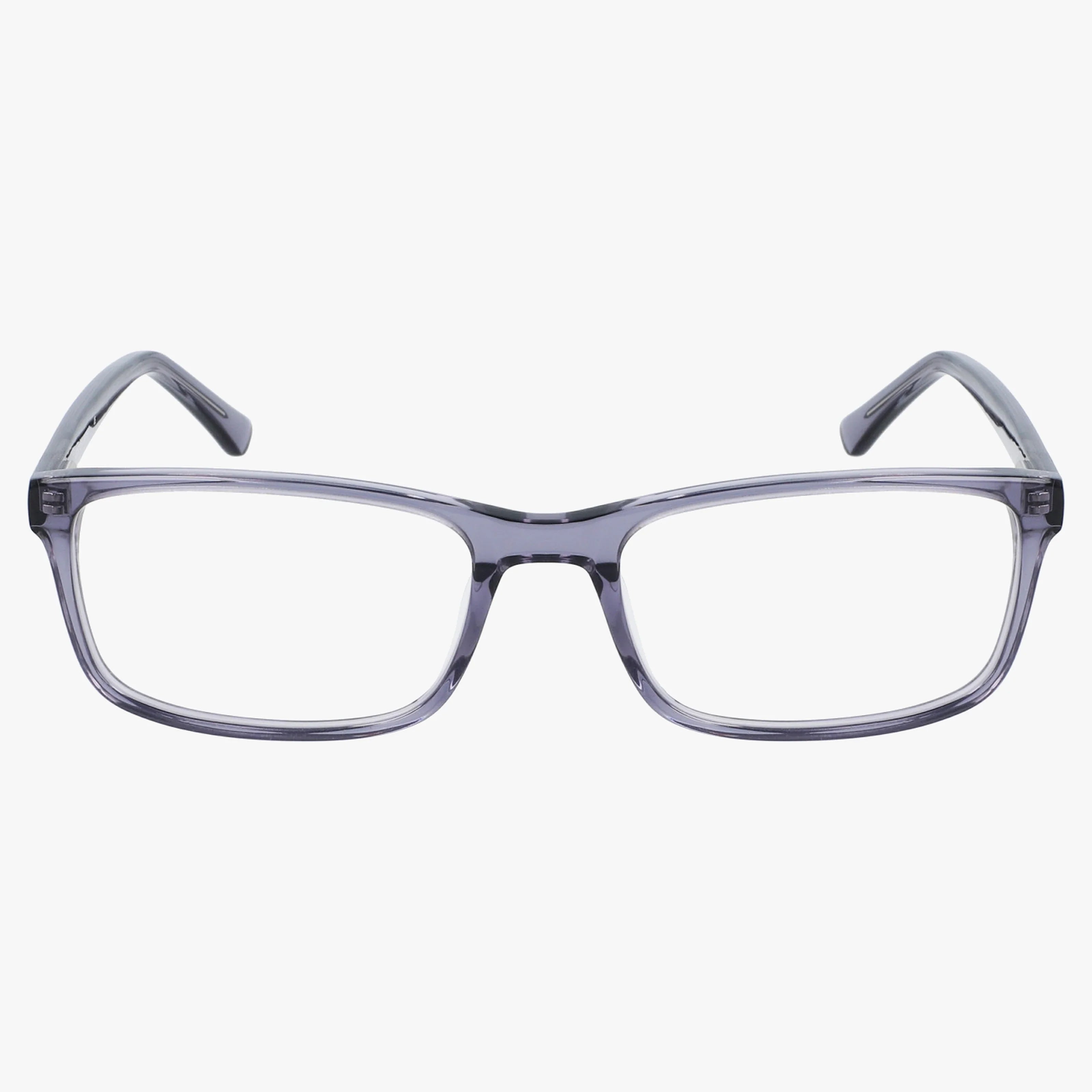 The Lenton & Rusby LR4012 eyeglasses feature a rectangular, transparent gray frame made of thick, polished plastic for added durability. Displayed on a white background with the front view shown.