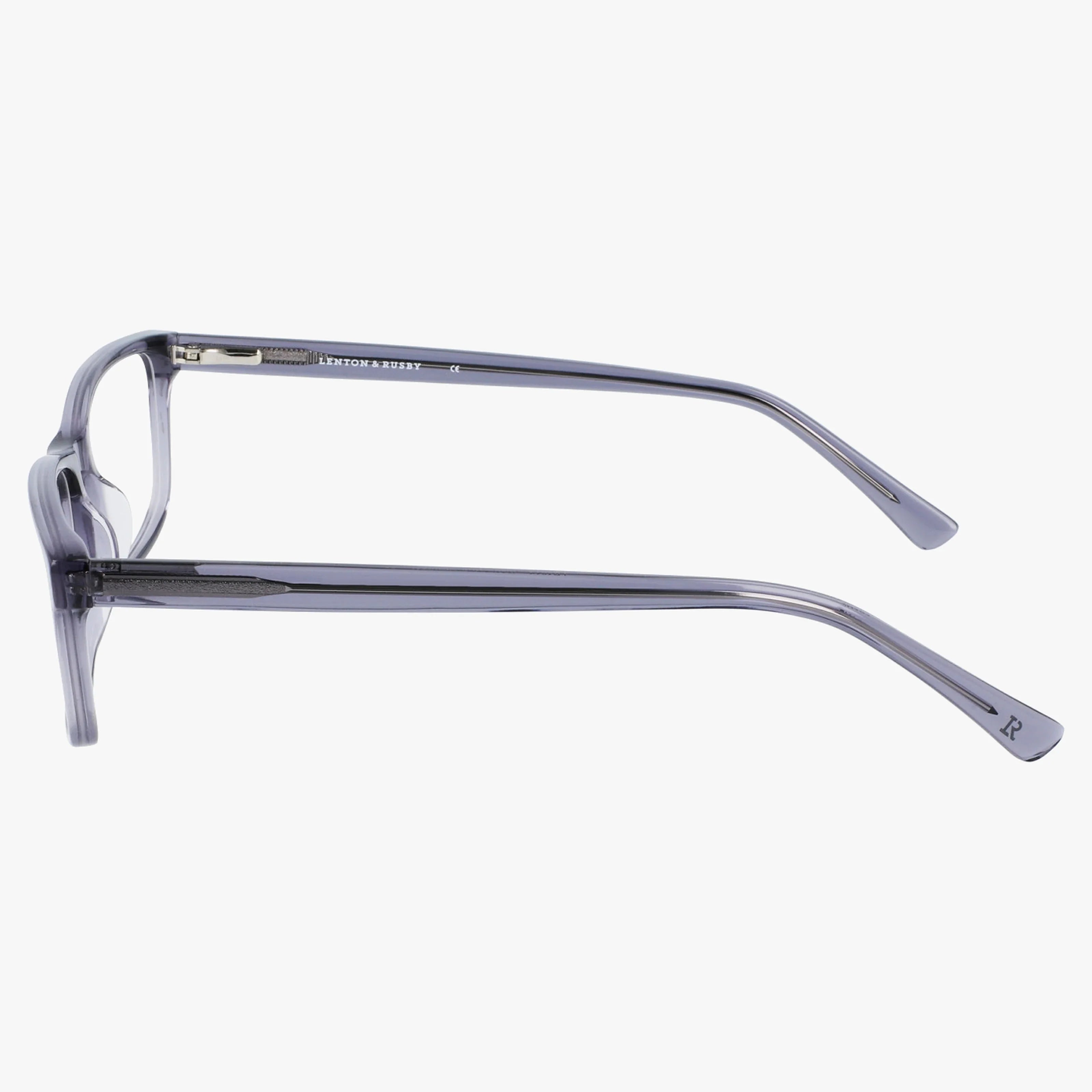 Side view of Lenton & Rusby LR4012 translucent gray eyeglass frames with straight temples and visible hinges, showcasing a polished blend of style and durability, photographed on a white background.