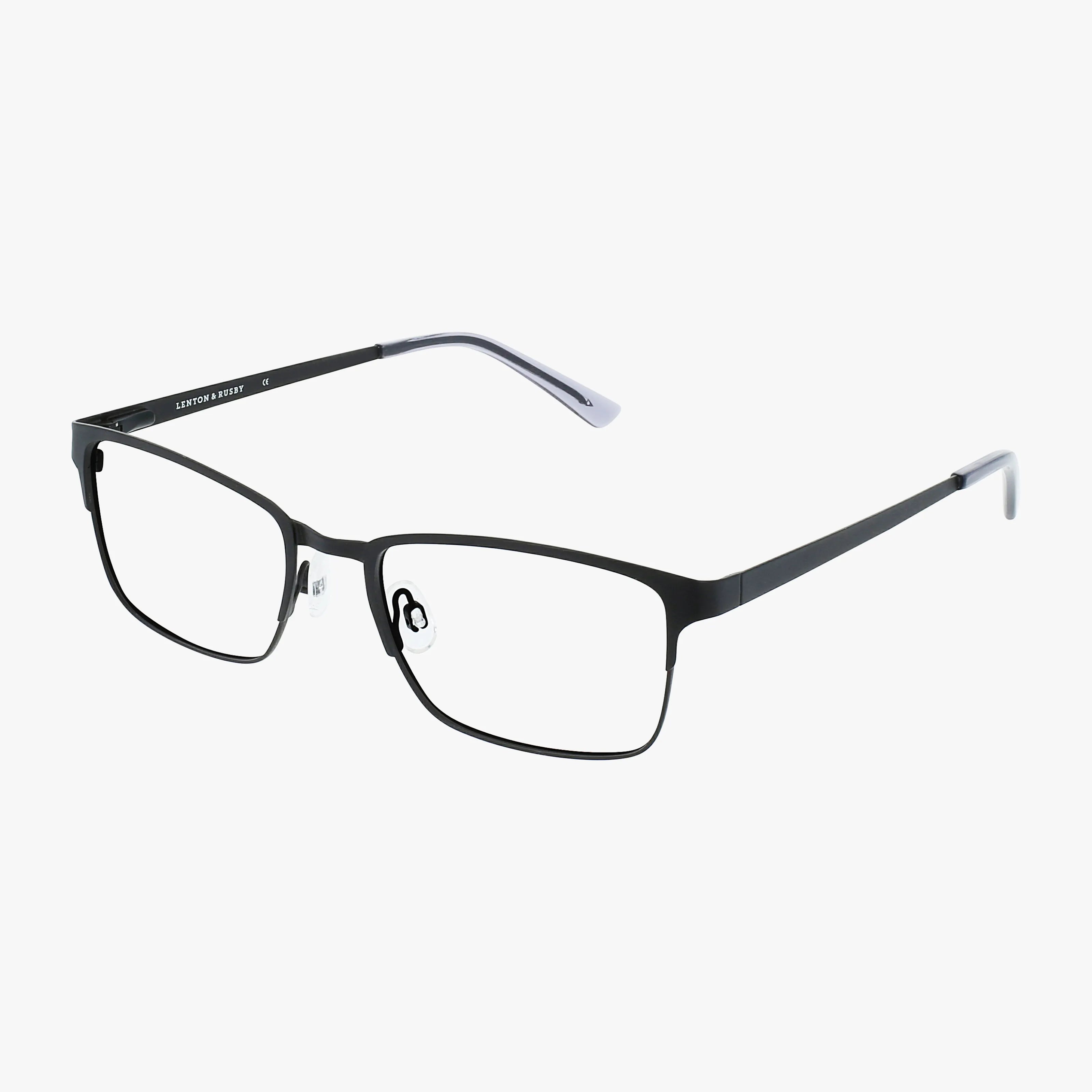 The Lenton & Rusby LR4013 eyeglasses in black feature a modern rectangular metal frame with clear prescription lenses, thin arms, and adjustable nose pads, shown on a white background.