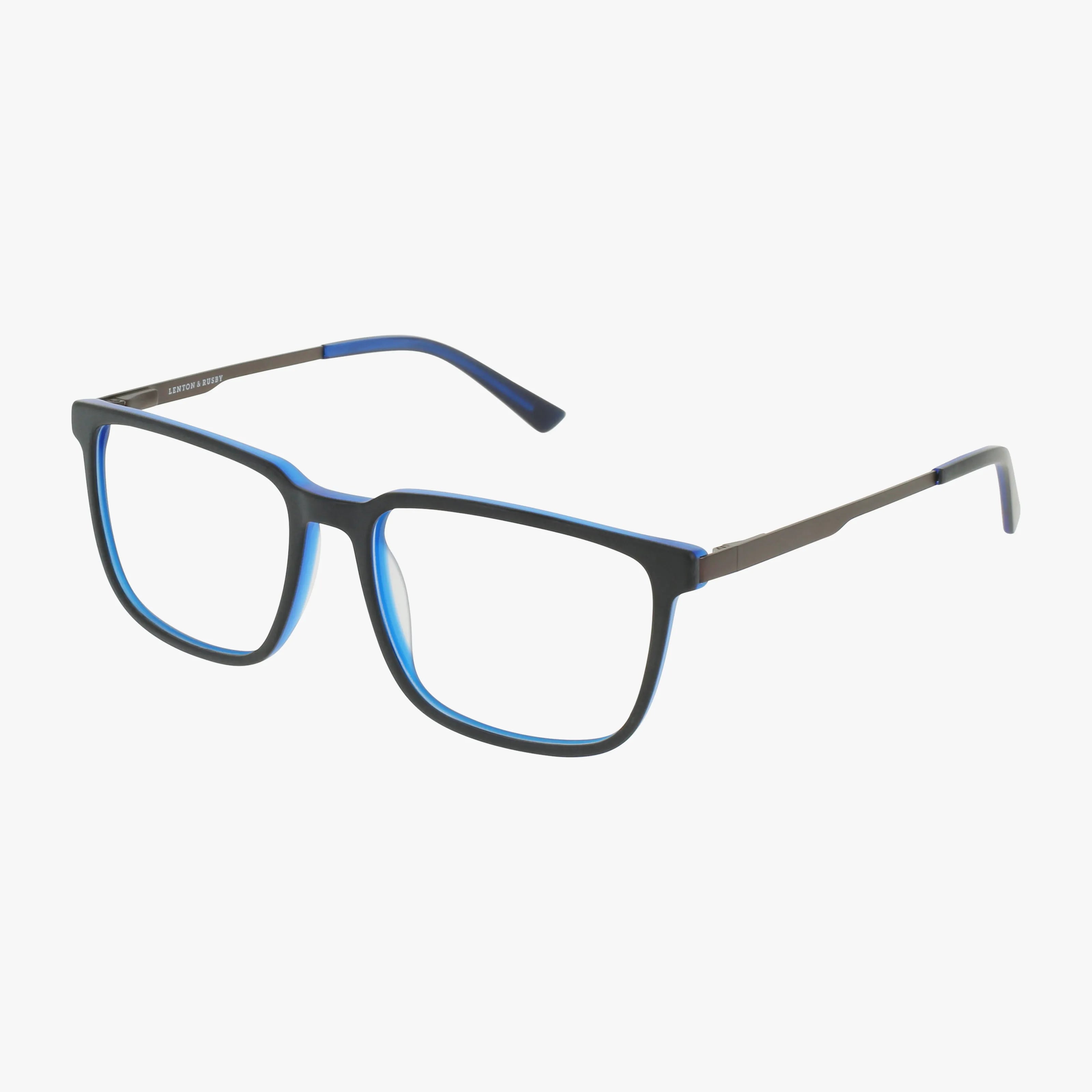 The Lenton & Rusby LR4020 eyeglasses feature rectangular black frames with blue edges, thin dark metal arms, and gently curved temple tips, combining modern style and function. Shown on a white background.