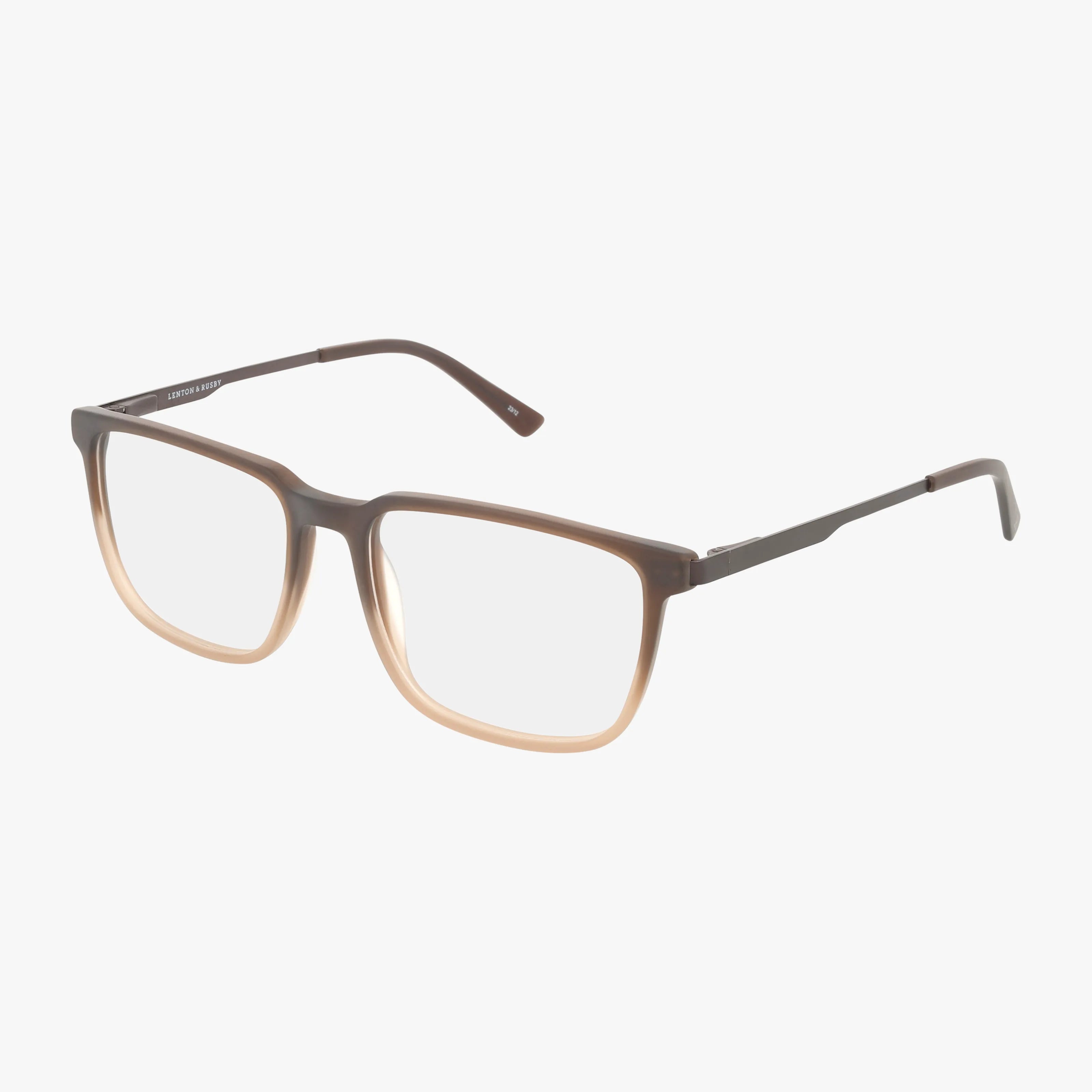 The Lenton & Rusby LR4020 eyeglasses feature rectangular brown frames that fade to beige at the bottom, blending style and function. Displayed on a white background.