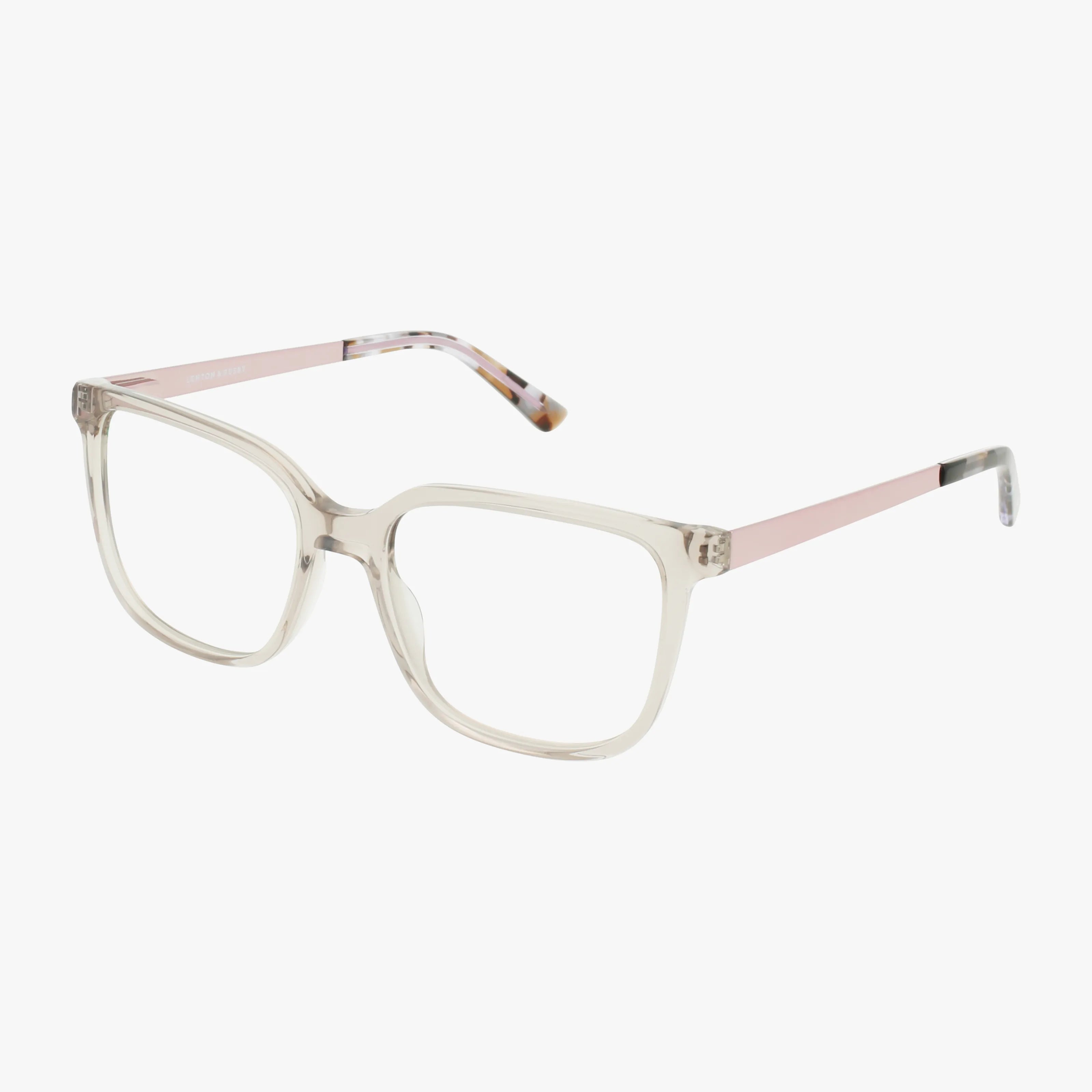 The Lenton & Rusby LR5027 eyeglasses in Grey Clear feature large square lenses, light pink temples, and lightweight quality craftsmanship, displayed on a white background.