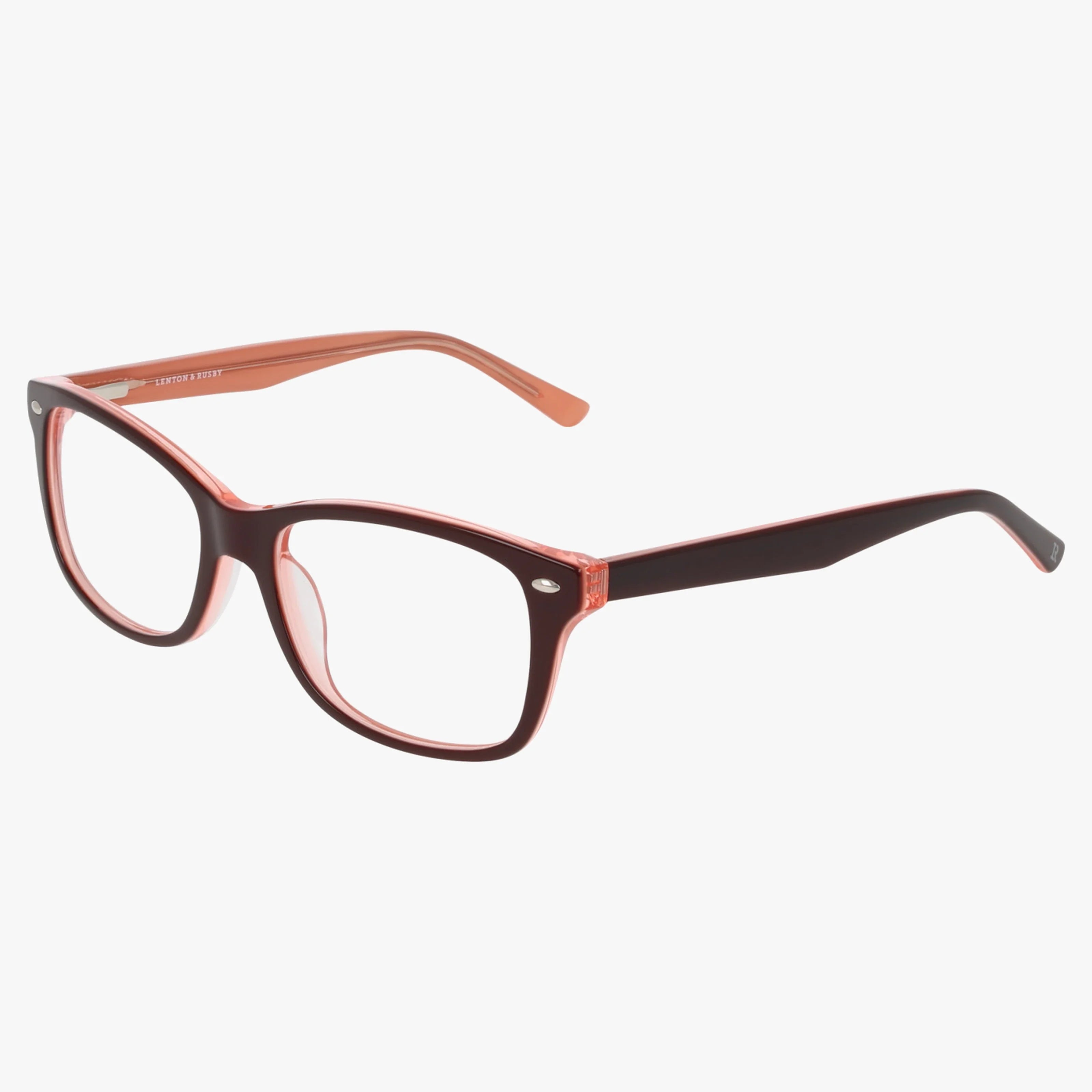 The Lenton & Rusby LR4506 eyeglasses feature a red, resilient frame with a rectangular shape, slightly rounded edges, and clear lenses, shown on a white background.