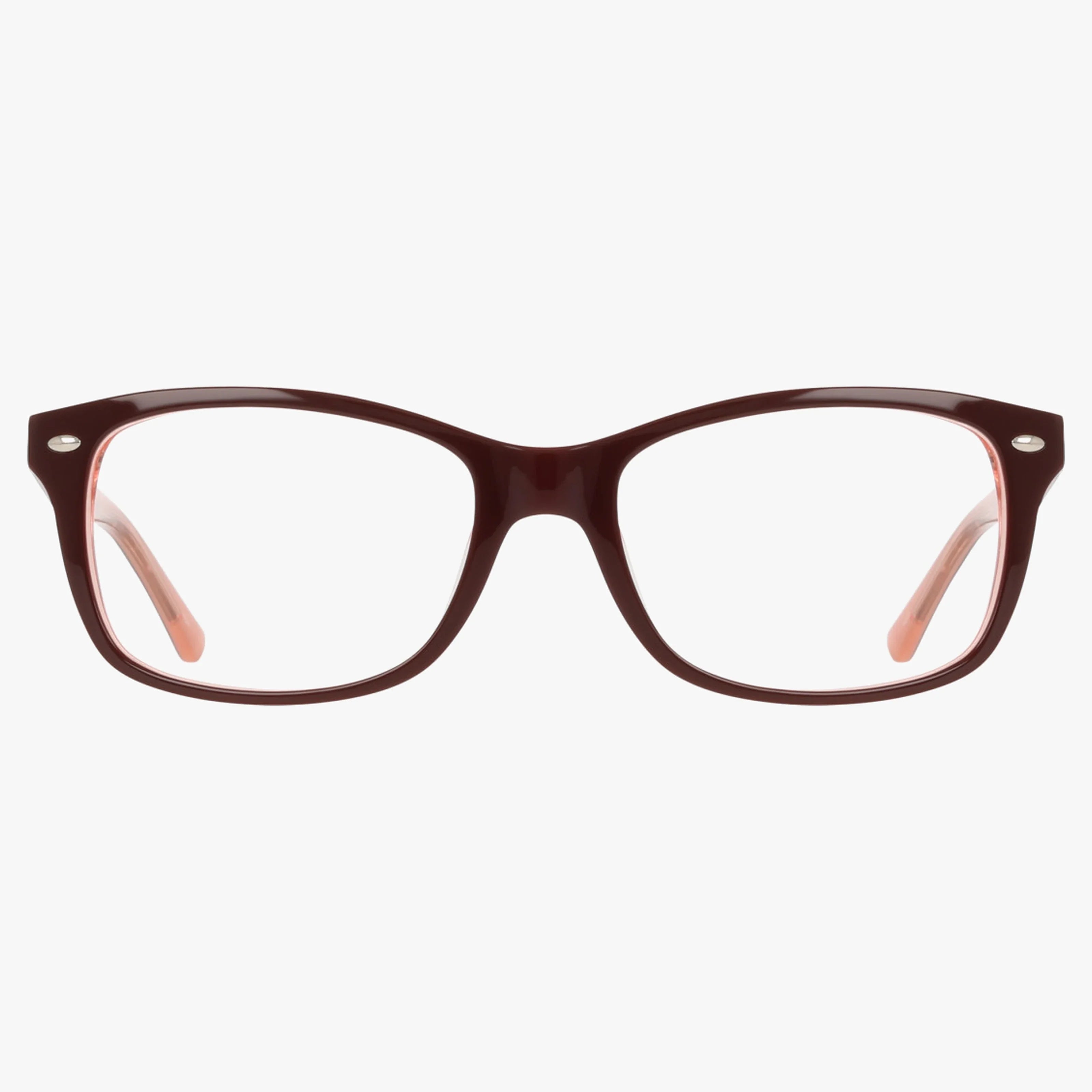 The Lenton & Rusby LR4506 eyeglasses feature a resilient frame with thick dark brown fronts, slightly rounded rectangular lenses, and light pink inner arms that add a subtle touch to the modern design, shown against a white background.