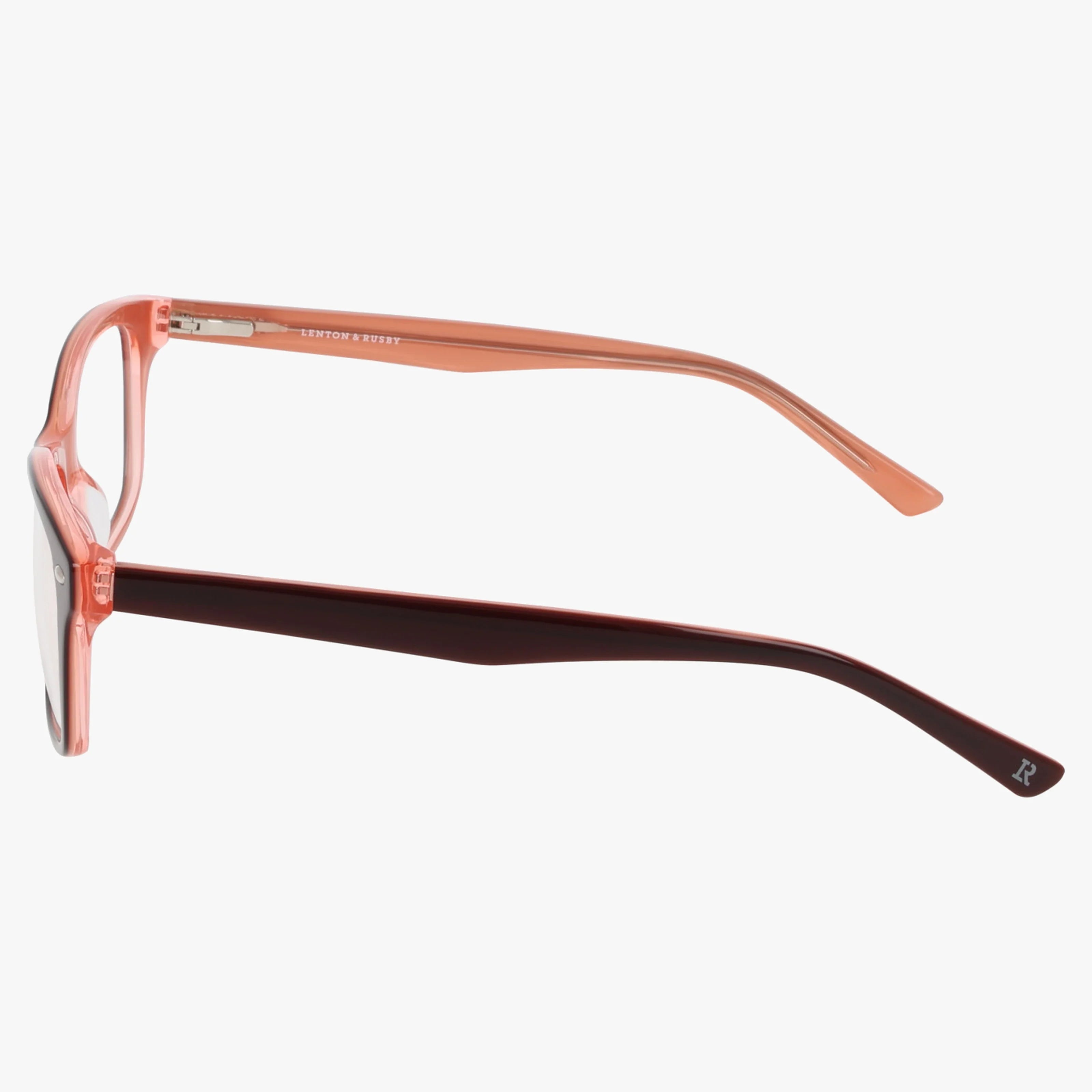 The Lenton & Rusby LR4506 eyeglasses feature a resilient transparent pink frame, seen from the side. The left temple is pink, while the right is a darker hue with a small white “R” near the tip, showcasing contemporary design.