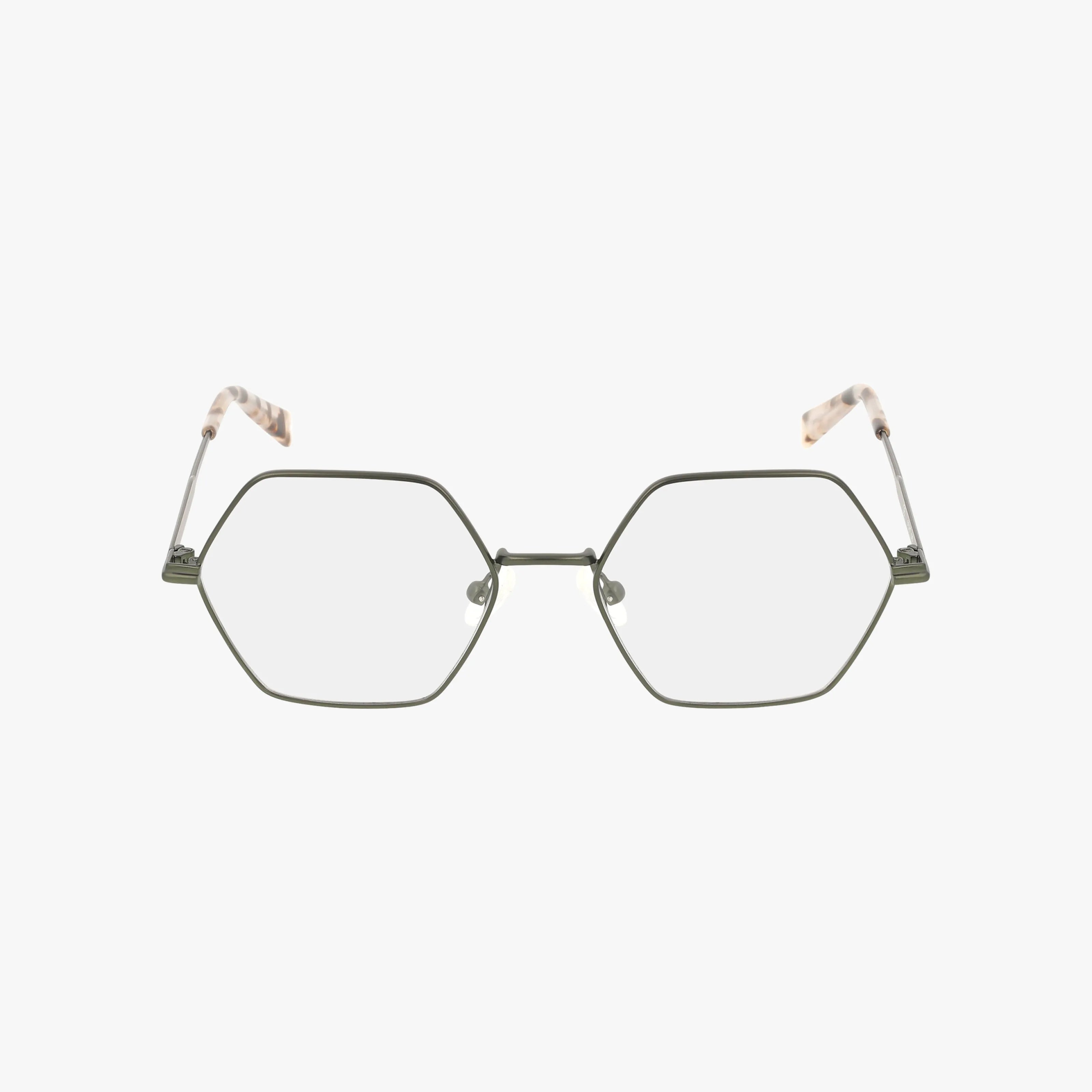 The Harper + Roe HR209 features thin, hexagonal metal frames with clear lenses, metal temples, and patterned light plastic tips. Durable geometric eyewear viewed from the front on a white background.
