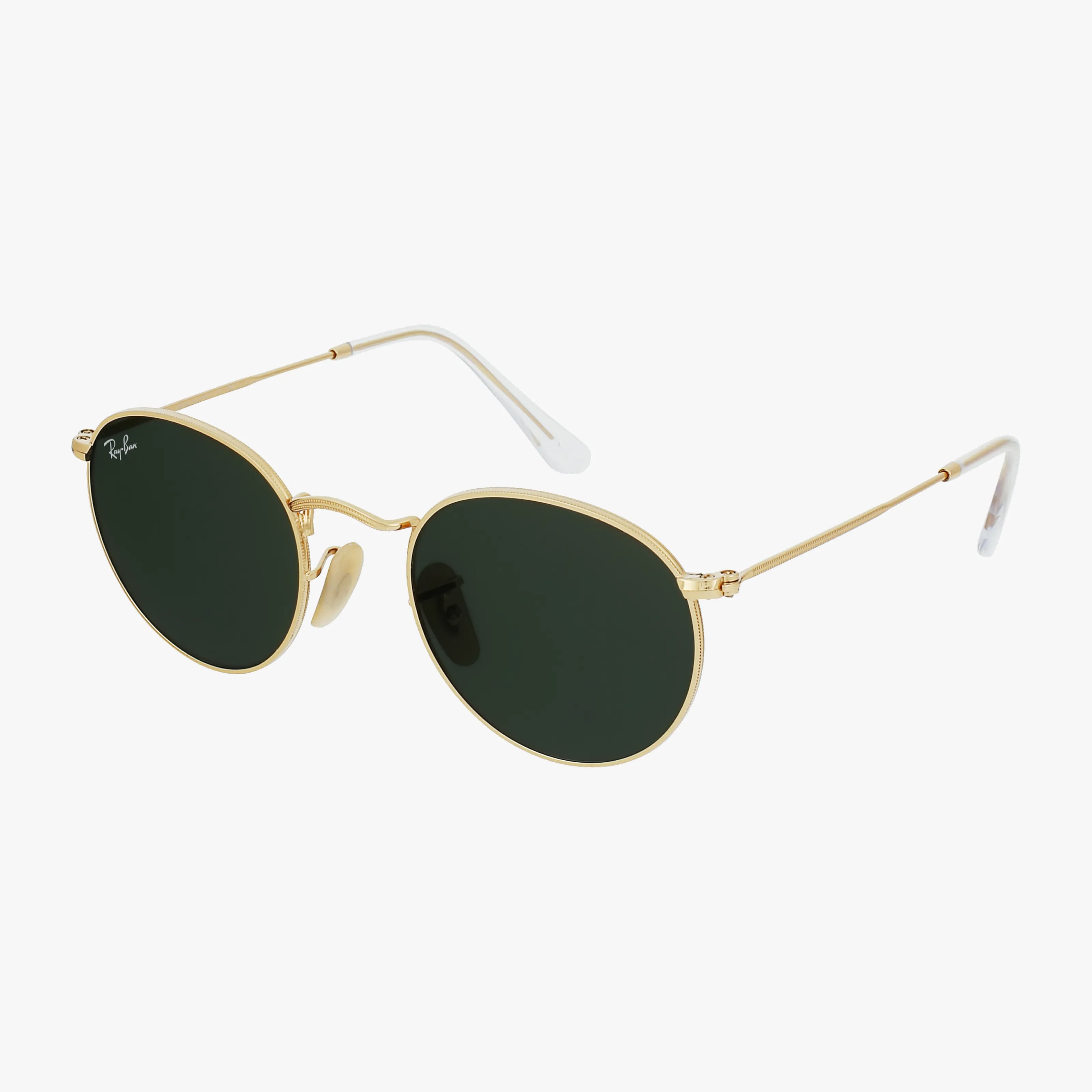 The Ray-Ban RB3447 ROUND features gold frames, round dark green lenses, and white-tipped arms for a chic bohemian style, showcased on a white background.