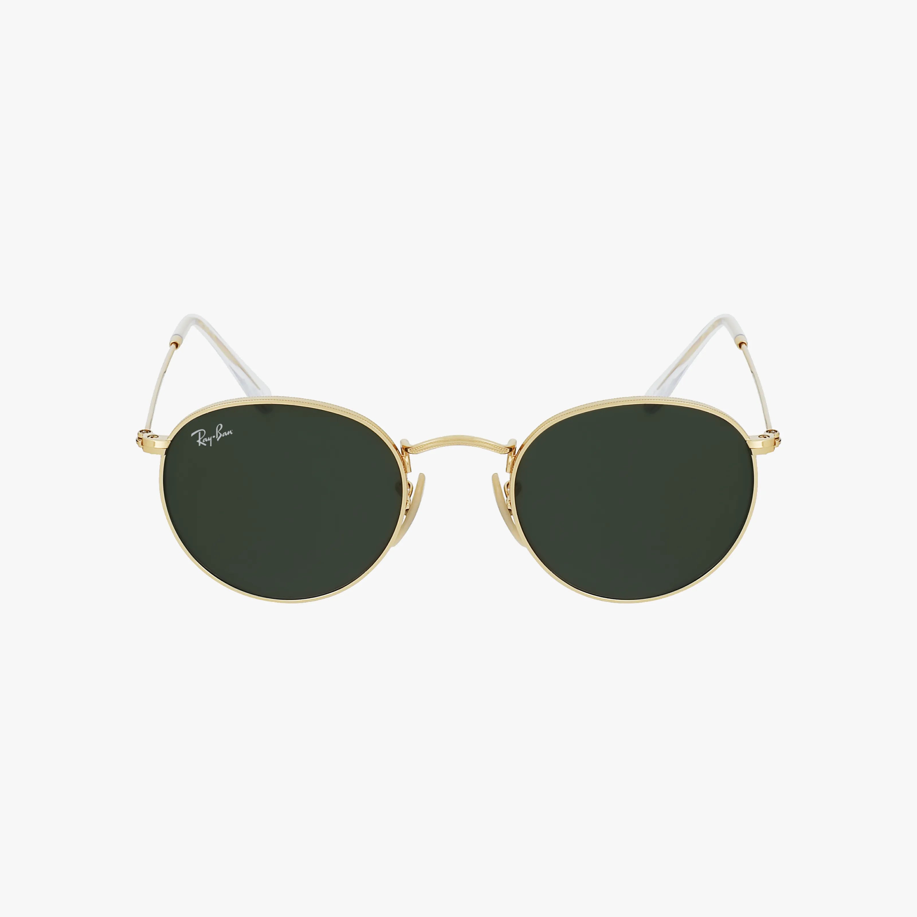 Ray-Ban RB3447 ROUND sunglasses feature gold round frames, dark green lenses, and thin arms. The Ray-Ban logo appears on the top corner of the left lens, highlighting their classic bohemian style against a white background.