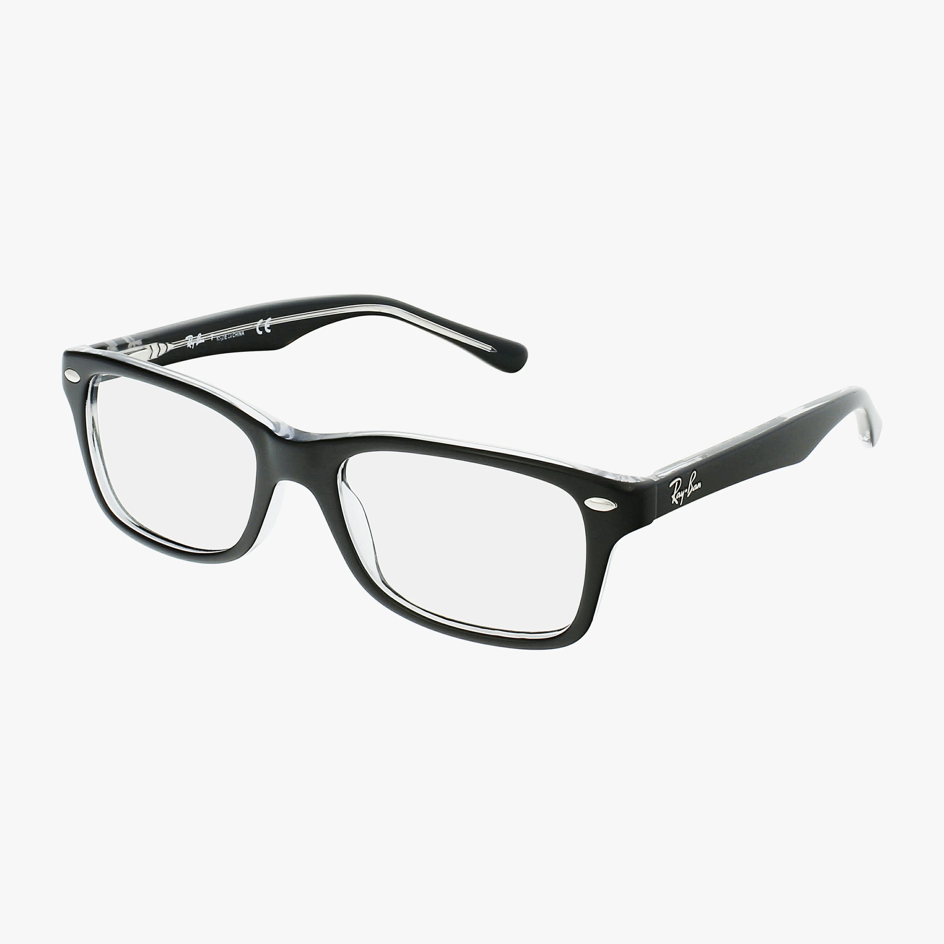 The Ray-Ban RY1531 is a pair of black rectangular eyeglasses with clear lenses and branded arms, perfect for staying sharp in class, shown on a white background.