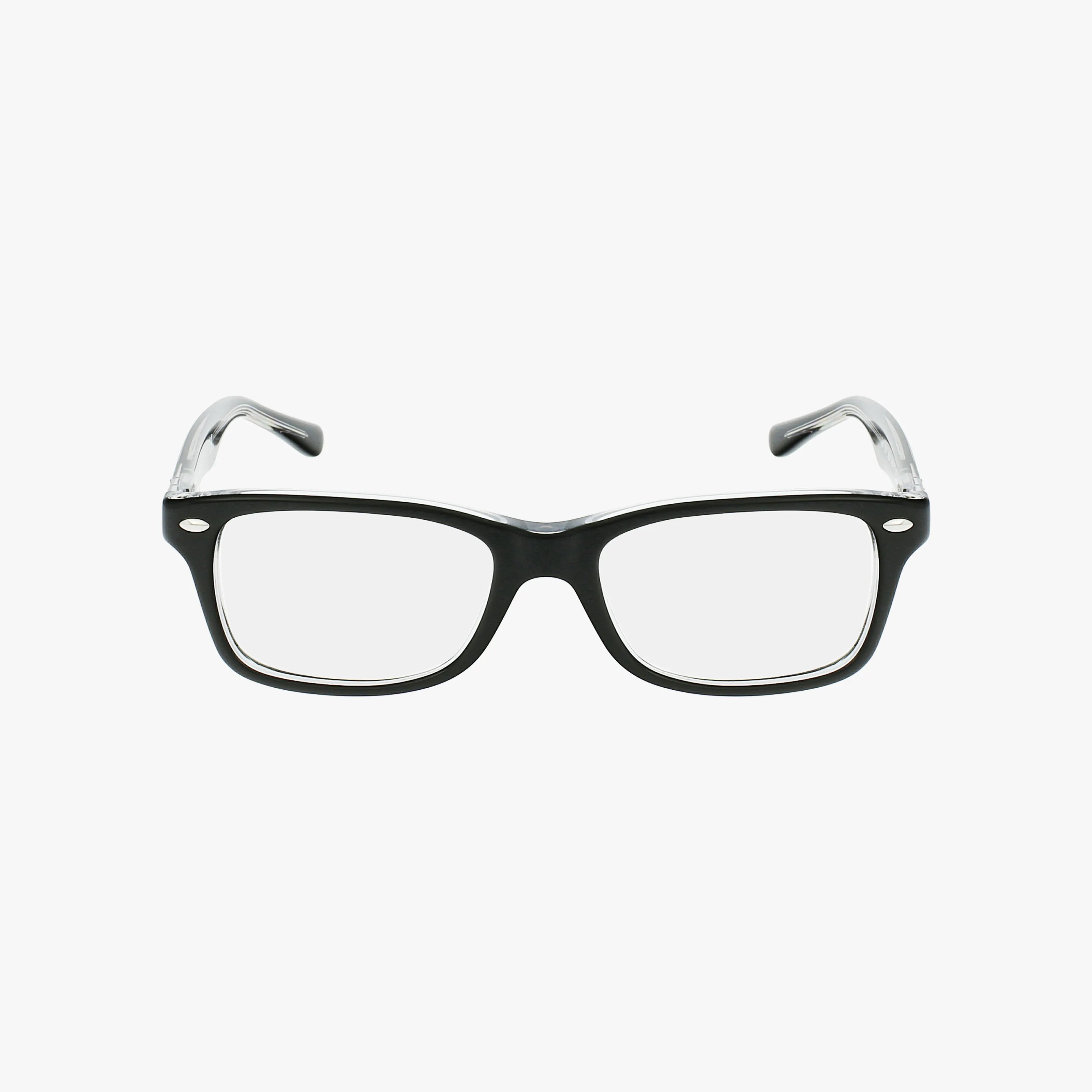 The Ray-Ban RY1531 black rectangular eyeglasses feature clear lenses and a sleek look, ideal for reviewing report cards or completing your school uniform. Photographed on a white background.