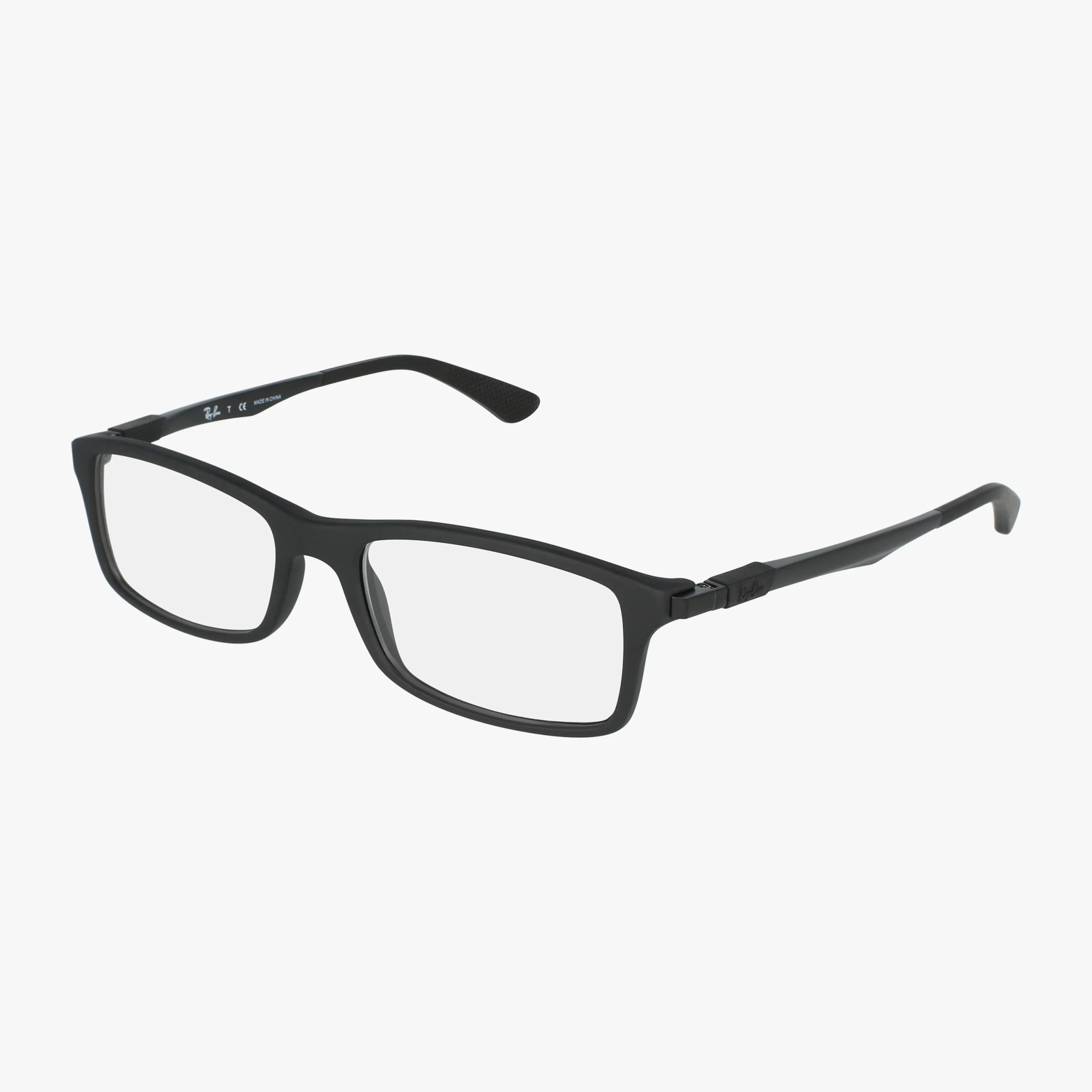 The Ray-Ban RX7017 features a pair of black rectangular eyeglasses with clear lenses, shown on a white background. Lightweight frames and gently curved arms provide comfort, making them ideal for everyday use.