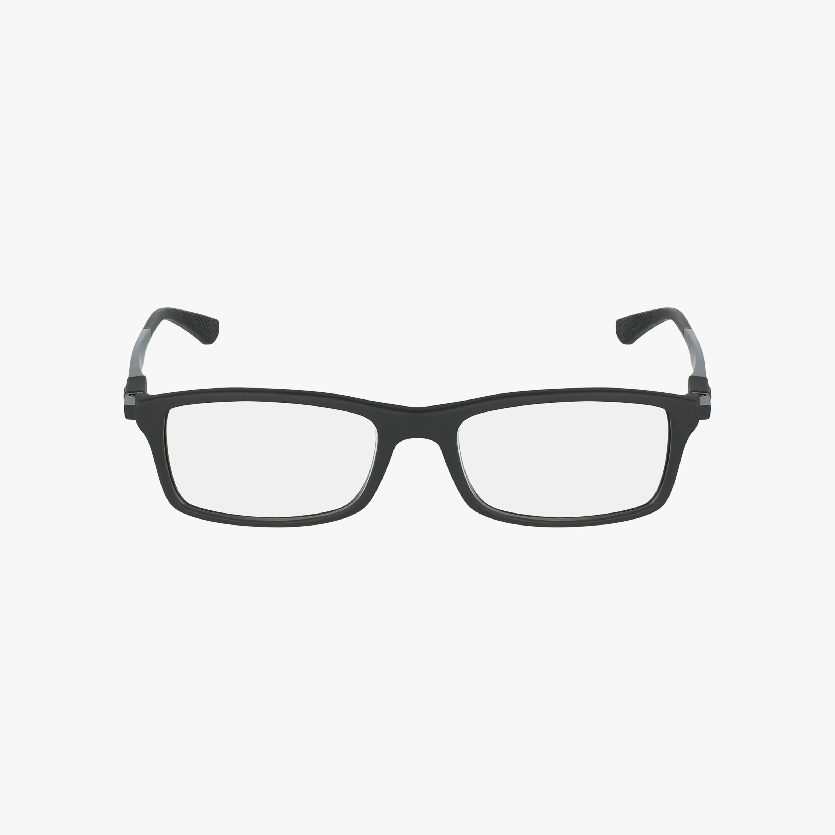 The Ray-Ban RX7017 features black rectangular eyeglasses with clear lenses and a lightweight frame, ideal for daily wear, shown on a plain white background.